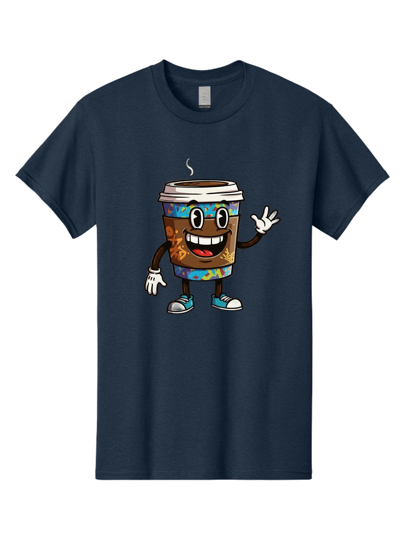 Coffee-Mug-Character Men'S Graphic Tee, 100% Cotton, Comfortable Casual Summer Wear, Machine Washable, Cartoon Personified Coffee Cup, Brown Coffee Cup Character, Smiling Coffee, Coffee Cup Mascot, Positive Vibes, Waving Coffee Cup, Baa378 15