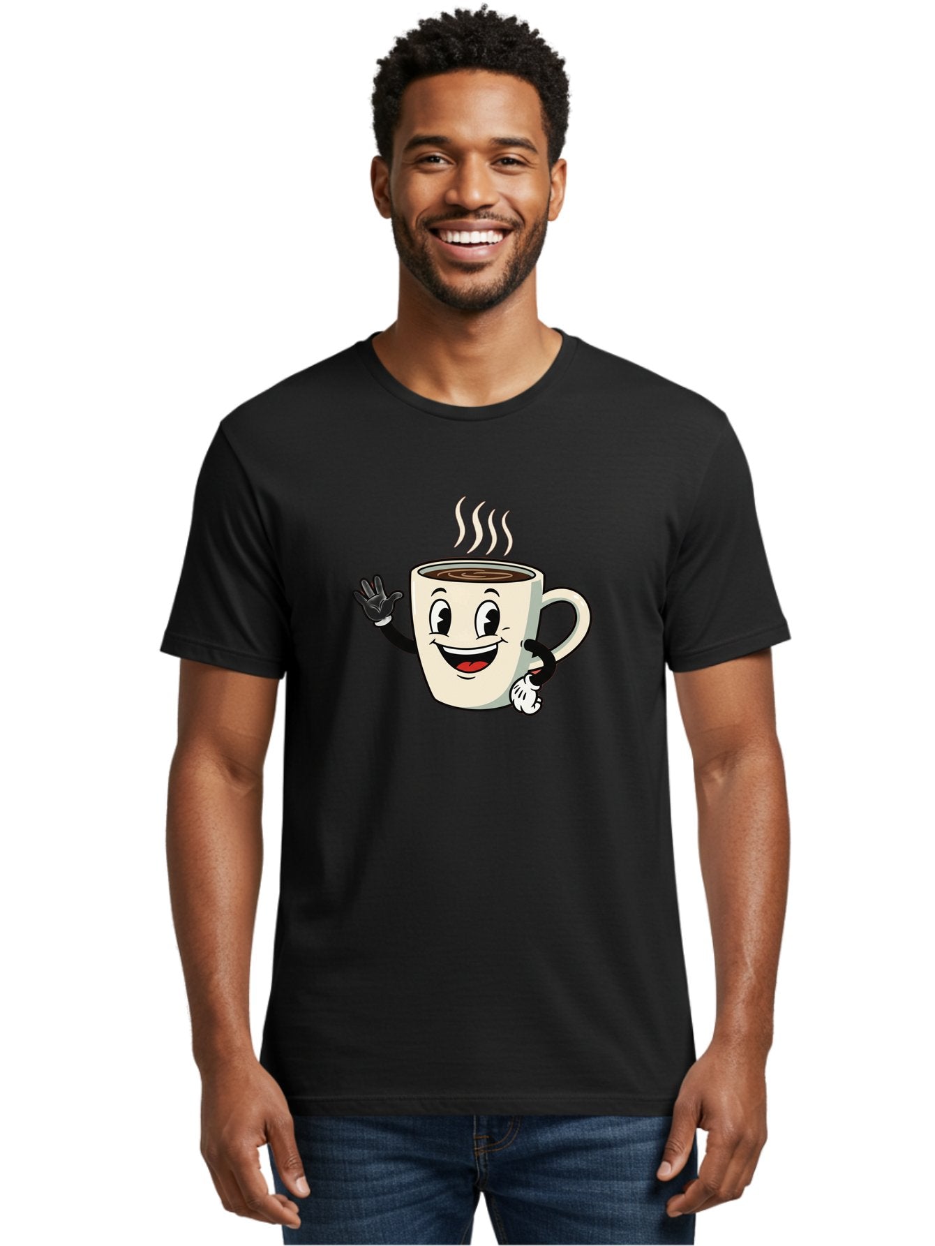Coffee-Mug Men'S Graphic Tee, 100% Cotton, Comfortable Casual Summer Wear, Machine Washable, Cartoon Coffee Mug, Steaming Hot Coffee, Happy Face, Waving Hand, Smiling, Cheerful, Friendly, Coffee Break, Morning Pick-Me-Up Baa379 29