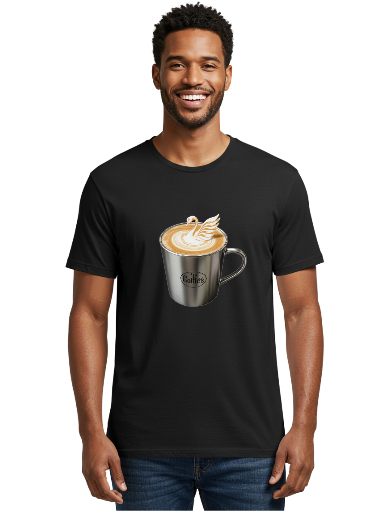 Coffies Men'S Graphic Tee, 100% Cotton, Comfortable Casual Summer Wear, Machine Washable, Coffee, Latte Art, Swan Design, Foamy Texture, Cappuccino, Beverage, Coffee Mug, Stainless Steel Mug, Coffies Branding, Coffee Culture Baa382 4
