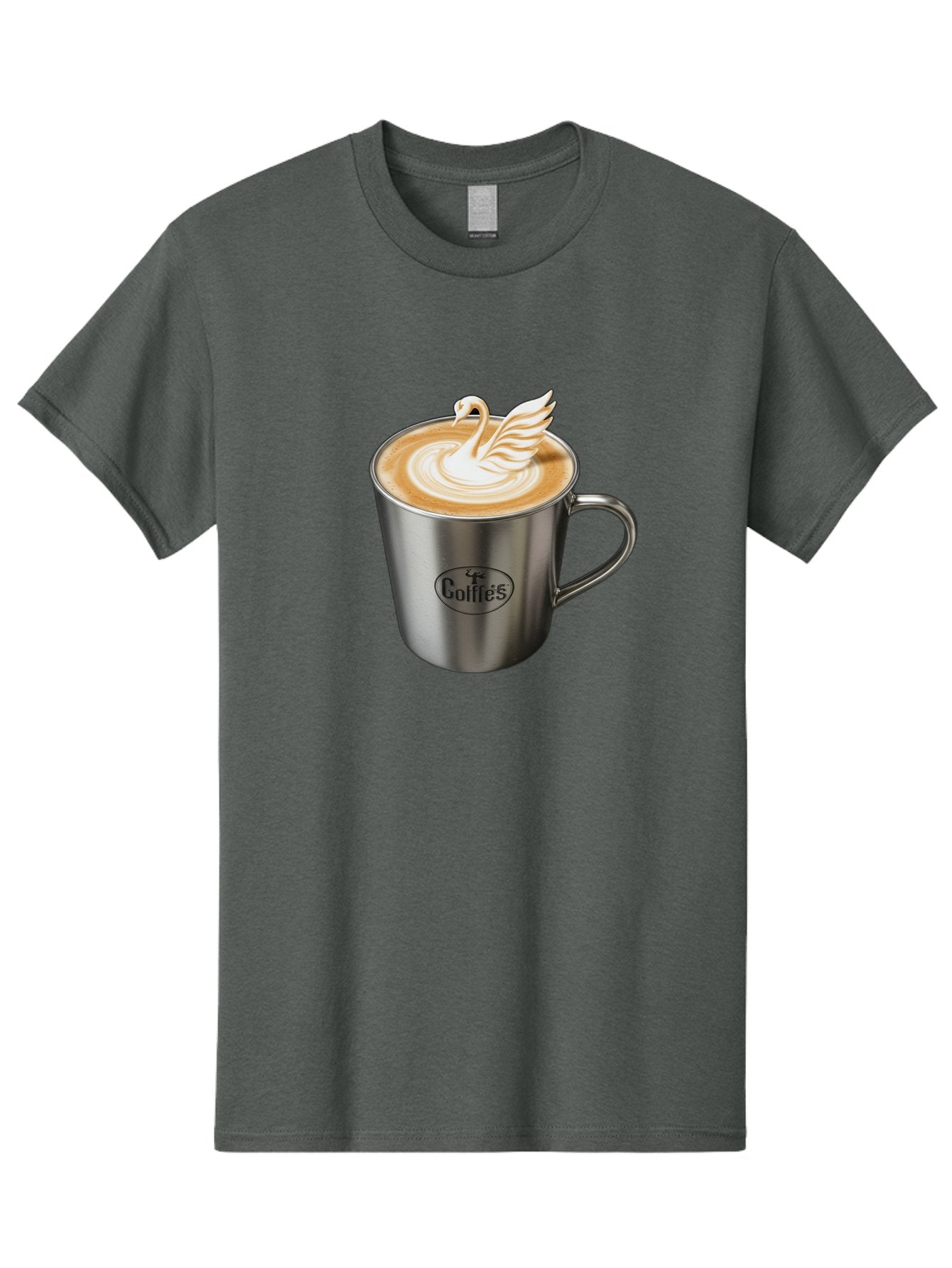 Coffies Men'S Graphic Tee, 100% Cotton, Comfortable Casual Summer Wear, Machine Washable, Coffee, Latte Art, Swan Design, Foamy Texture, Cappuccino, Beverage, Coffee Mug, Stainless Steel Mug, Coffies Branding, Coffee Culture Baa382