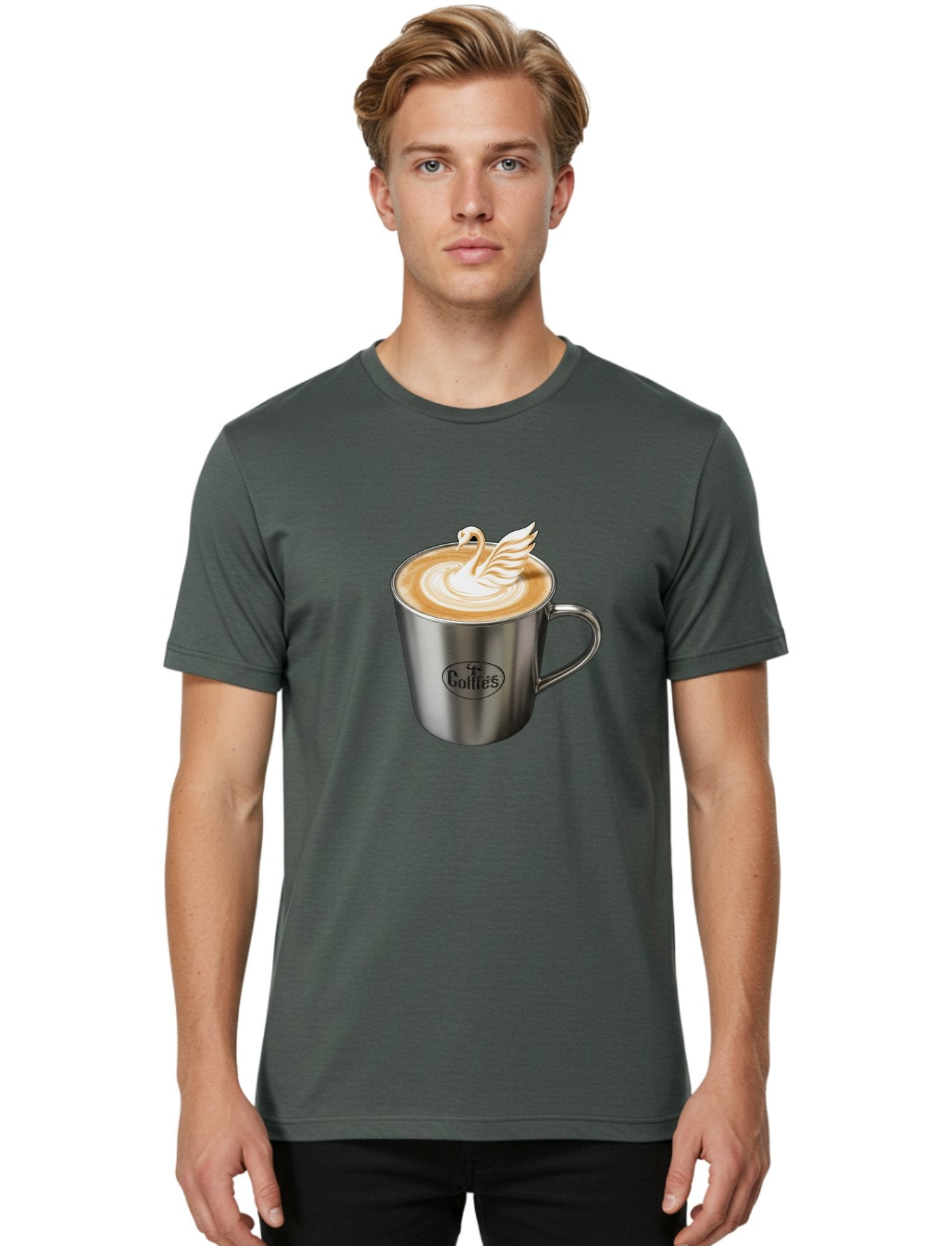 Coffies Men'S Graphic Tee, 100% Cotton, Comfortable Casual Summer Wear, Machine Washable, Coffee, Latte Art, Swan Design, Foamy Texture, Cappuccino, Beverage, Coffee Mug, Stainless Steel Mug, Coffies Branding, Coffee Culture Baa382 19