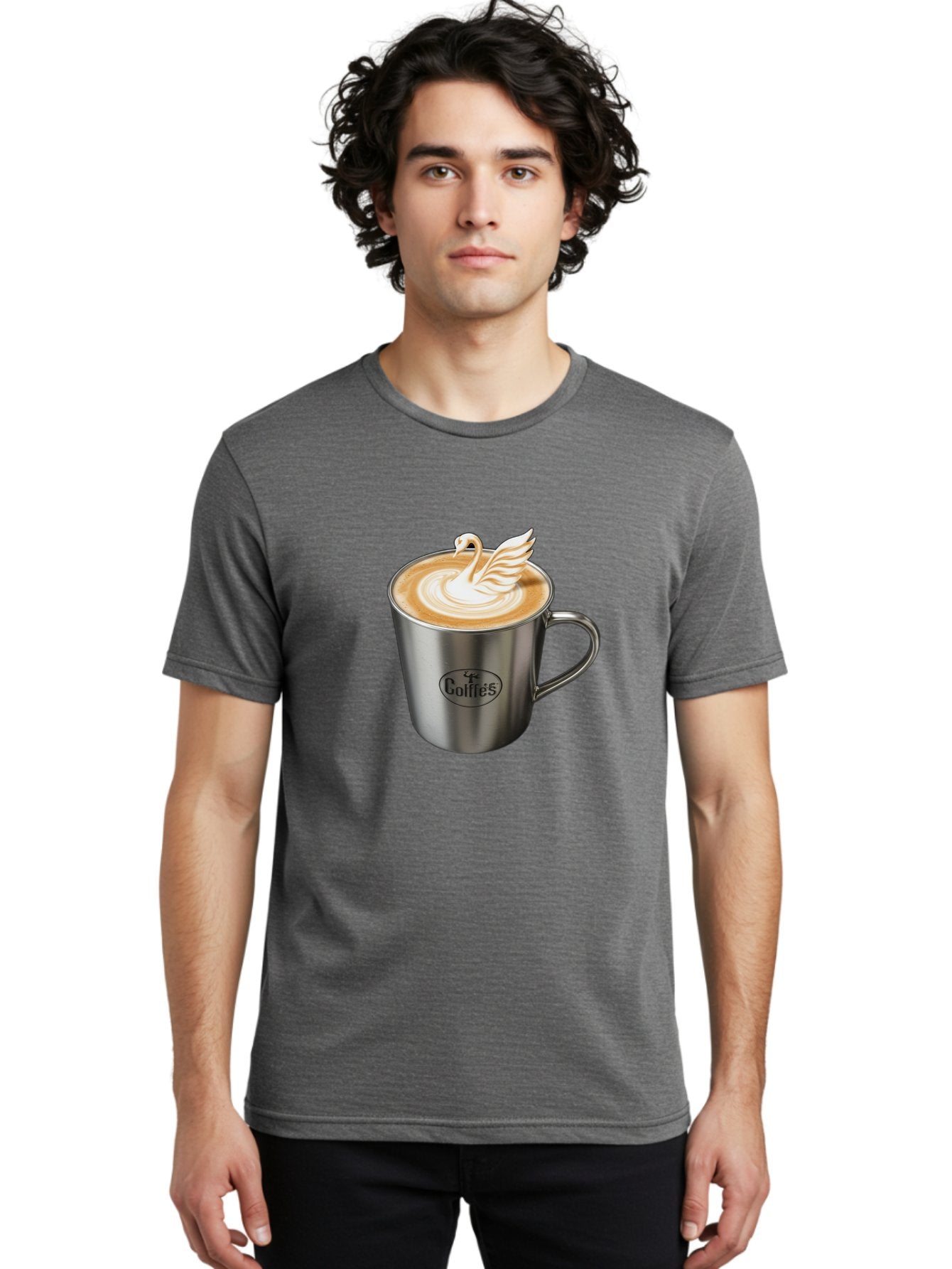 Coffies Men'S Graphic Tee, 100% Cotton, Comfortable Casual Summer Wear, Machine Washable, Coffee, Latte Art, Swan Design, Foamy Texture, Cappuccino, Beverage, Coffee Mug, Stainless Steel Mug, Coffies Branding, Coffee Culture Baa382 18