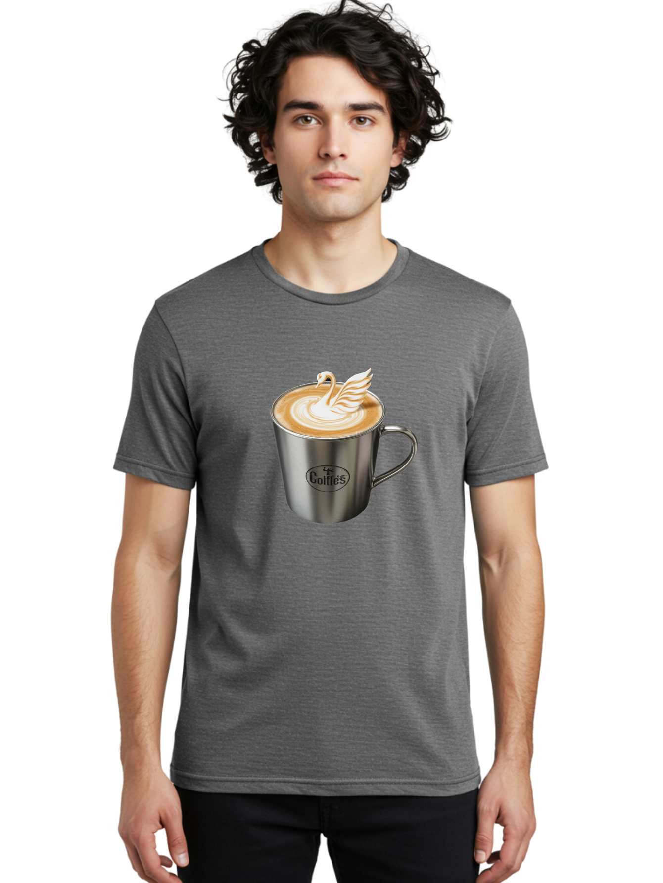 Coffies Men'S Graphic Tee, 100% Cotton, Comfortable Casual Summer Wear, Machine Washable, Coffee, Latte Art, Swan Design, Foamy Texture, Cappuccino, Beverage, Coffee Mug, Stainless Steel Mug, Coffies Branding, Coffee Culture Baa382 24