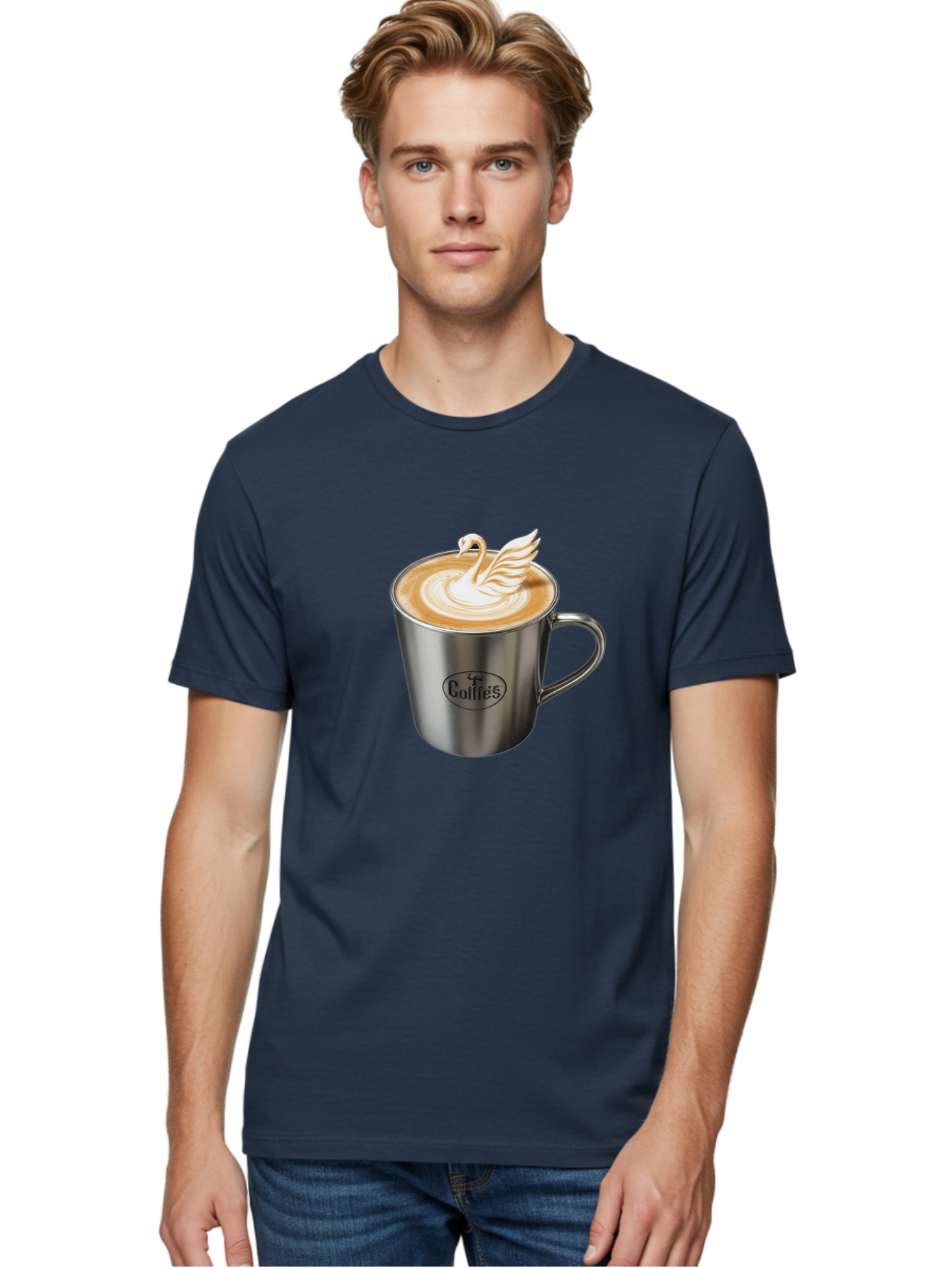 Coffies Men'S Graphic Tee, 100% Cotton, Comfortable Casual Summer Wear, Machine Washable, Coffee, Latte Art, Swan Design, Foamy Texture, Cappuccino, Beverage, Coffee Mug, Stainless Steel Mug, Coffies Branding, Coffee Culture Baa382 20