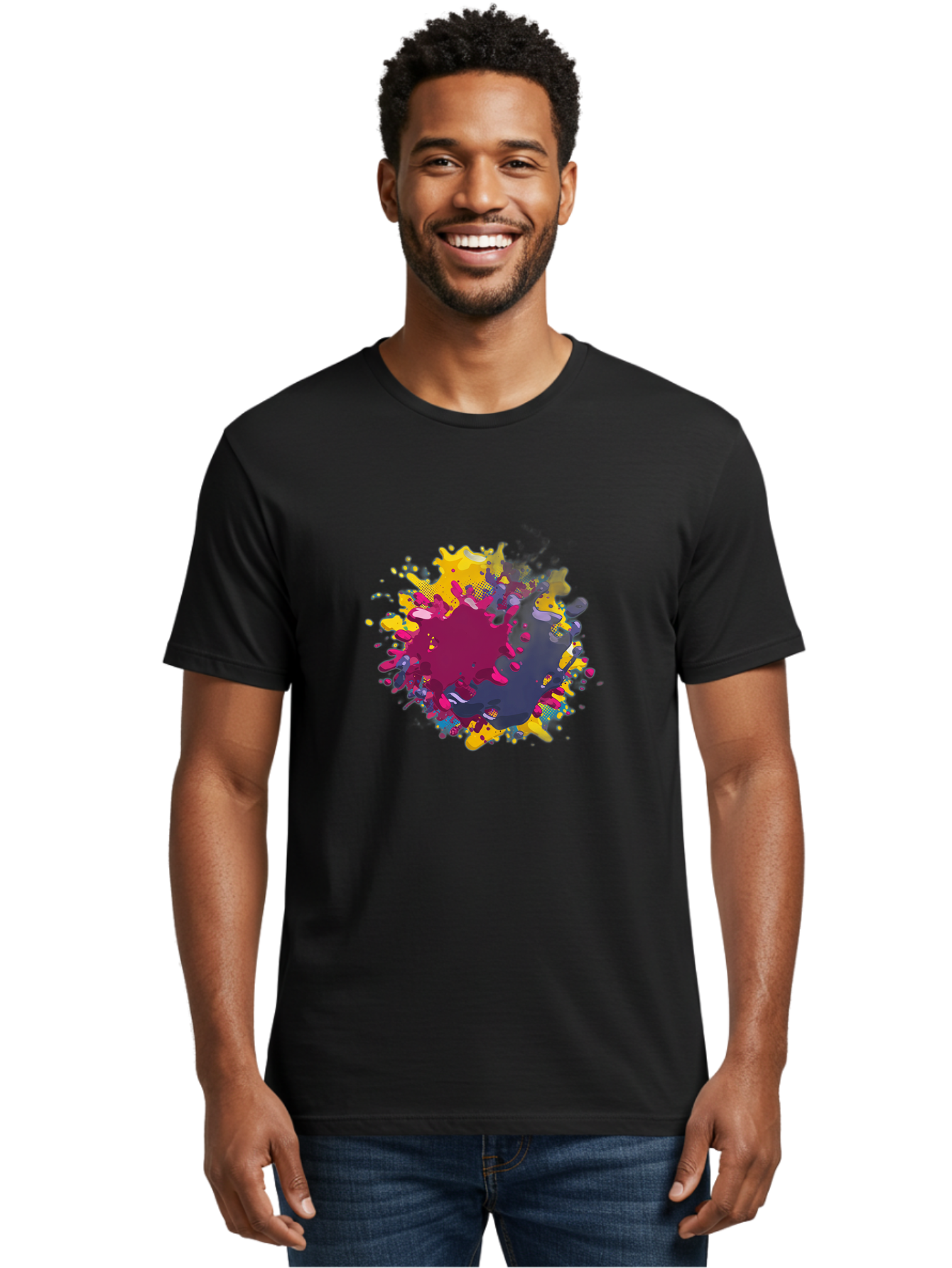 Color-Splash Men'S Graphic Tee, 100% Cotton, Comfortable Casual Summer Wear, Machine Washable, Colorful Paint Splatter, Vibrant Colors, Abstract Art, Dynamic Shapes, Creative Design, Artistic Expression, Splattered Paint, Mixed Media Art Baa384 12