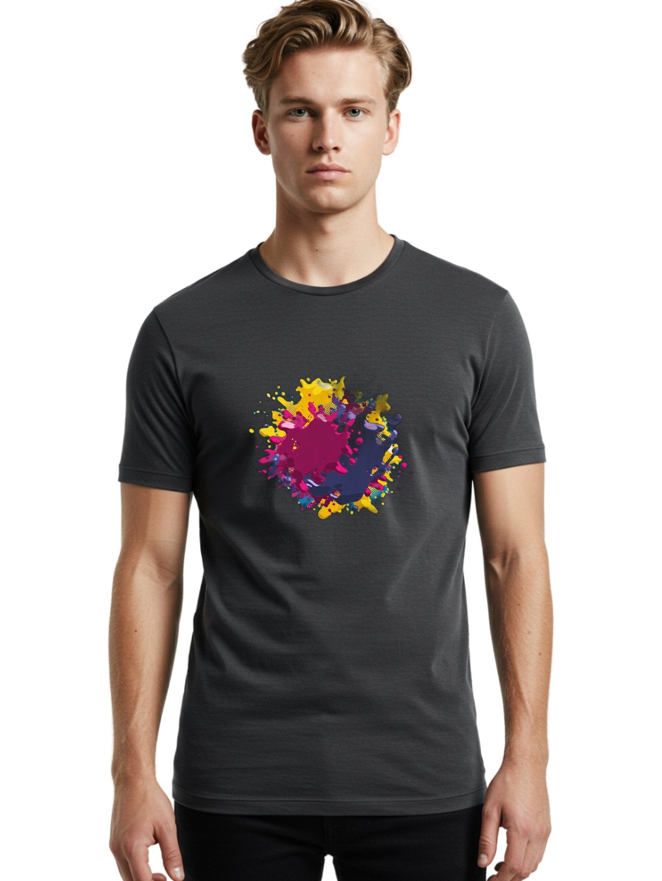 Color-Splash Men'S Graphic Tee, 100% Cotton, Comfortable Casual Summer Wear, Machine Washable, Colorful Paint Splatter, Vibrant Colors, Abstract Art, Dynamic Shapes, Creative Design, Artistic Expression, Splattered Paint, Mixed Media Art Baa384 19