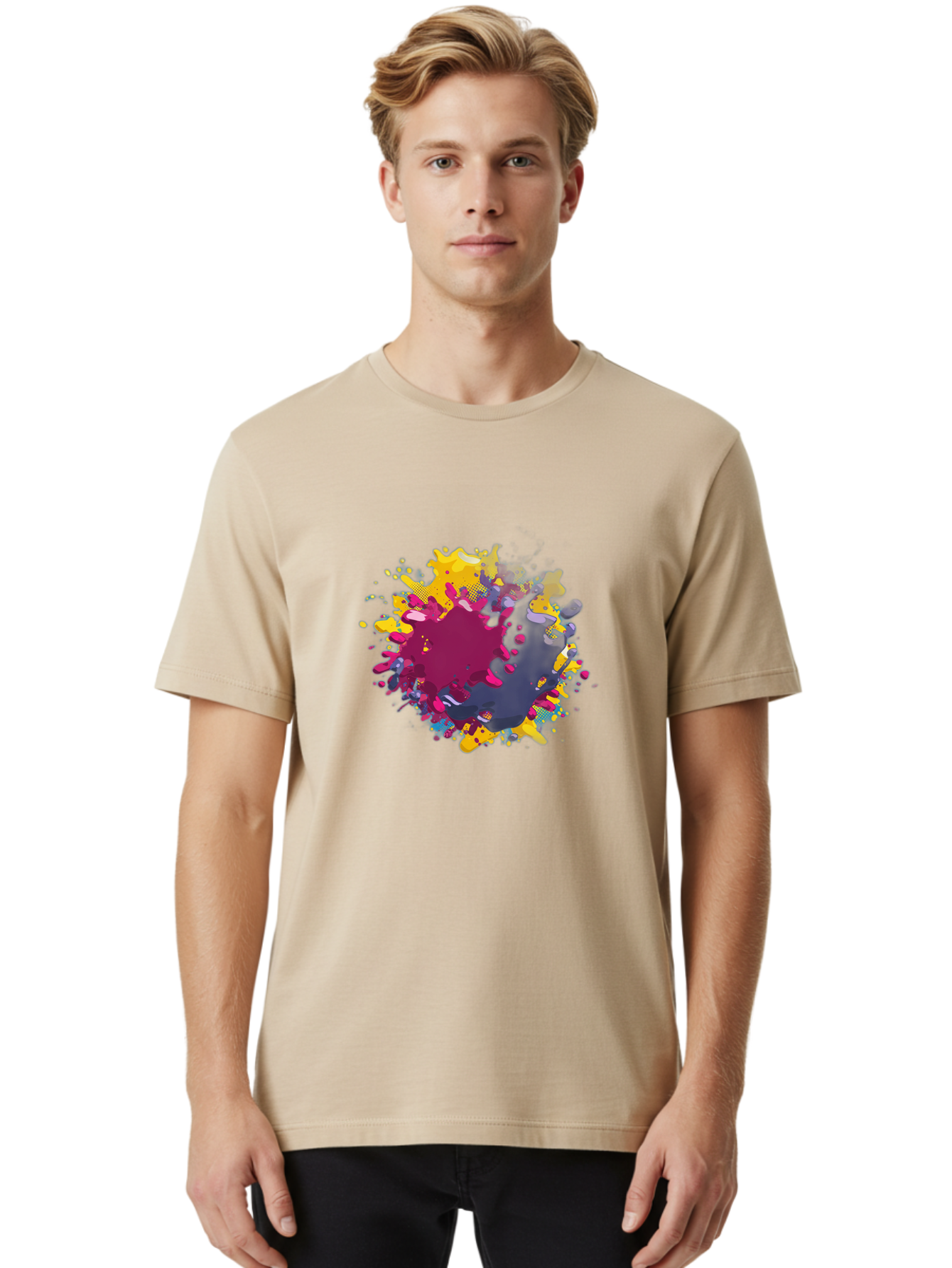 Color-Splash Men'S Graphic Tee, 100% Cotton, Comfortable Casual Summer Wear, Machine Washable, Colorful Paint Splatter, Vibrant Colors, Abstract Art, Dynamic Shapes, Creative Design, Artistic Expression, Splattered Paint, Mixed Media Art Baa384 24