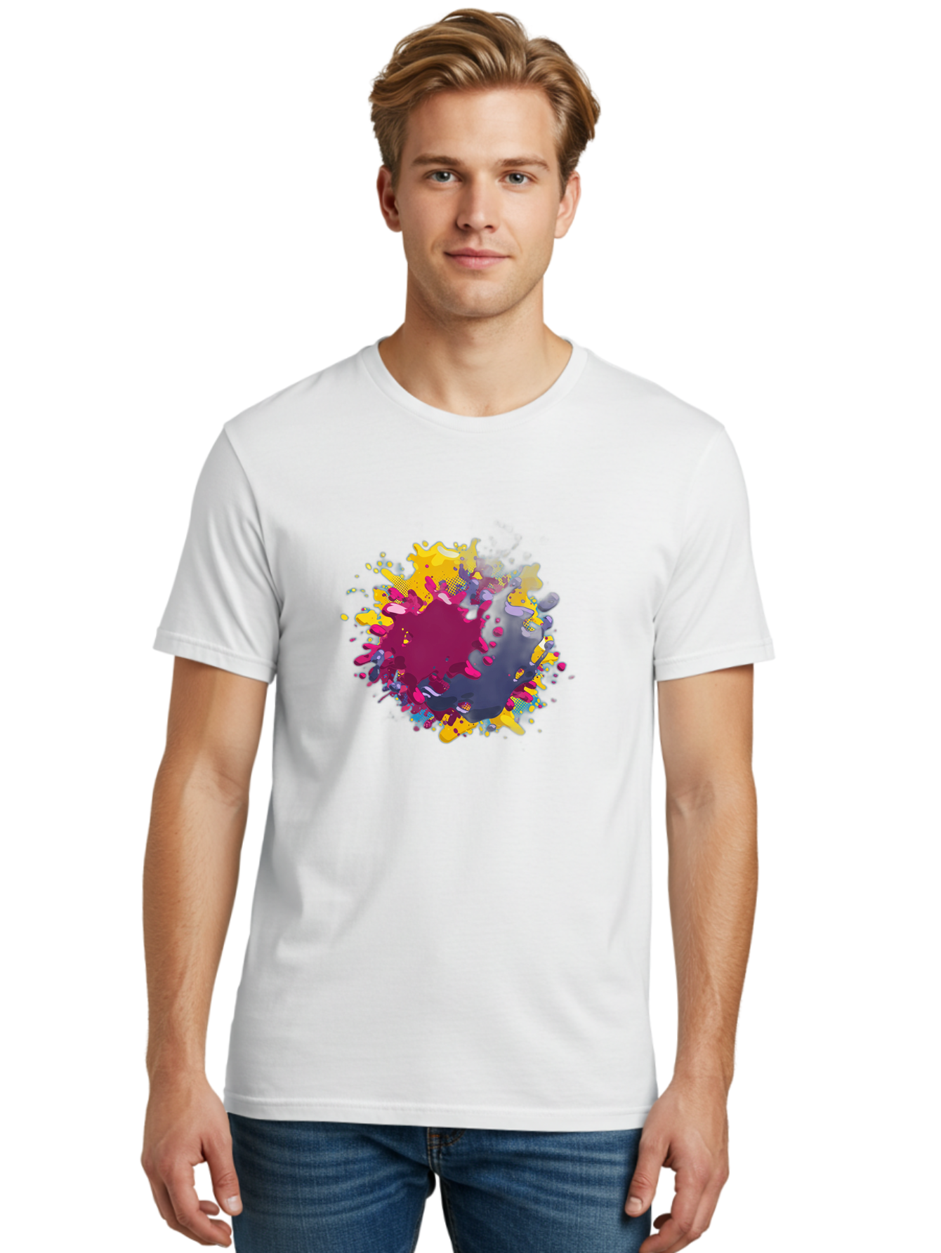 Color-Splash Men'S Graphic Tee, 100% Cotton, Comfortable Casual Summer Wear, Machine Washable, Colorful Paint Splatter, Vibrant Colors, Abstract Art, Dynamic Shapes, Creative Design, Artistic Expression, Splattered Paint, Mixed Media Art Baa384 4