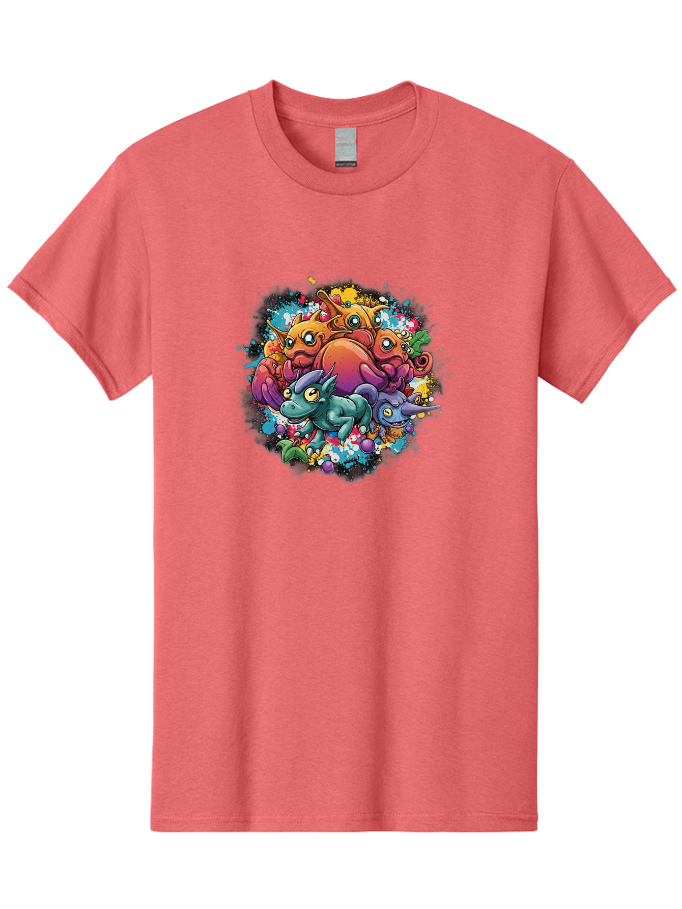Colorful-Creatures Men'S Graphic Tee, 100% Cotton, Comfortable Casual Summer Wear, Machine Washable, Fantasy Creatures, Cartoon Characters, Colorful Illustration, Whimsical Creatures, Playful Design, Imaginative Art, Vibrant Colors, Baa385 13