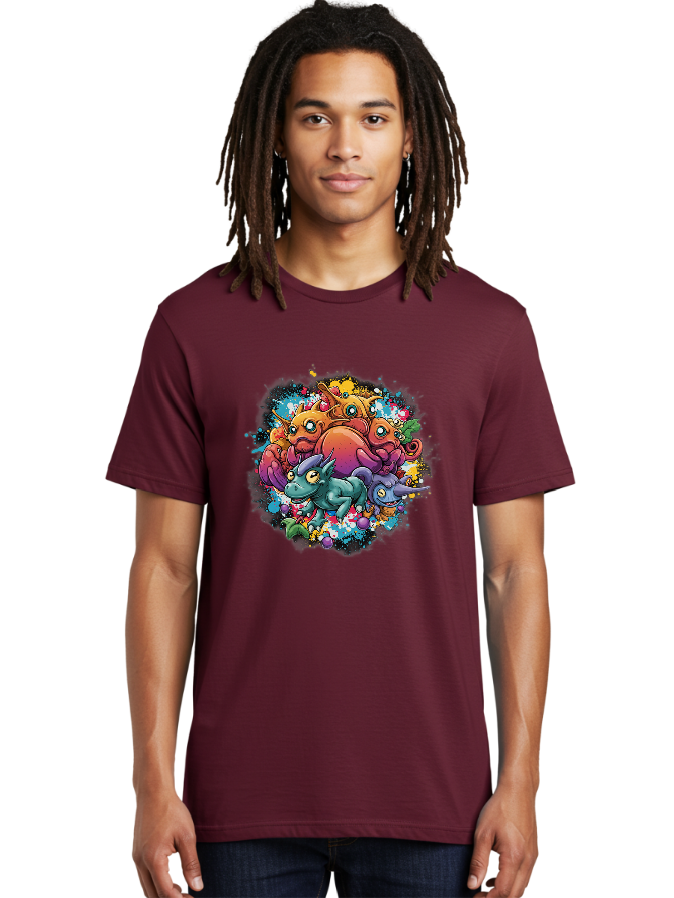 Colorful-Creatures Men'S Graphic Tee, 100% Cotton, Comfortable Casual Summer Wear, Machine Washable, Fantasy Creatures, Cartoon Characters, Colorful Illustration, Whimsical Creatures, Playful Design, Imaginative Art, Vibrant Colors, Baa385 30