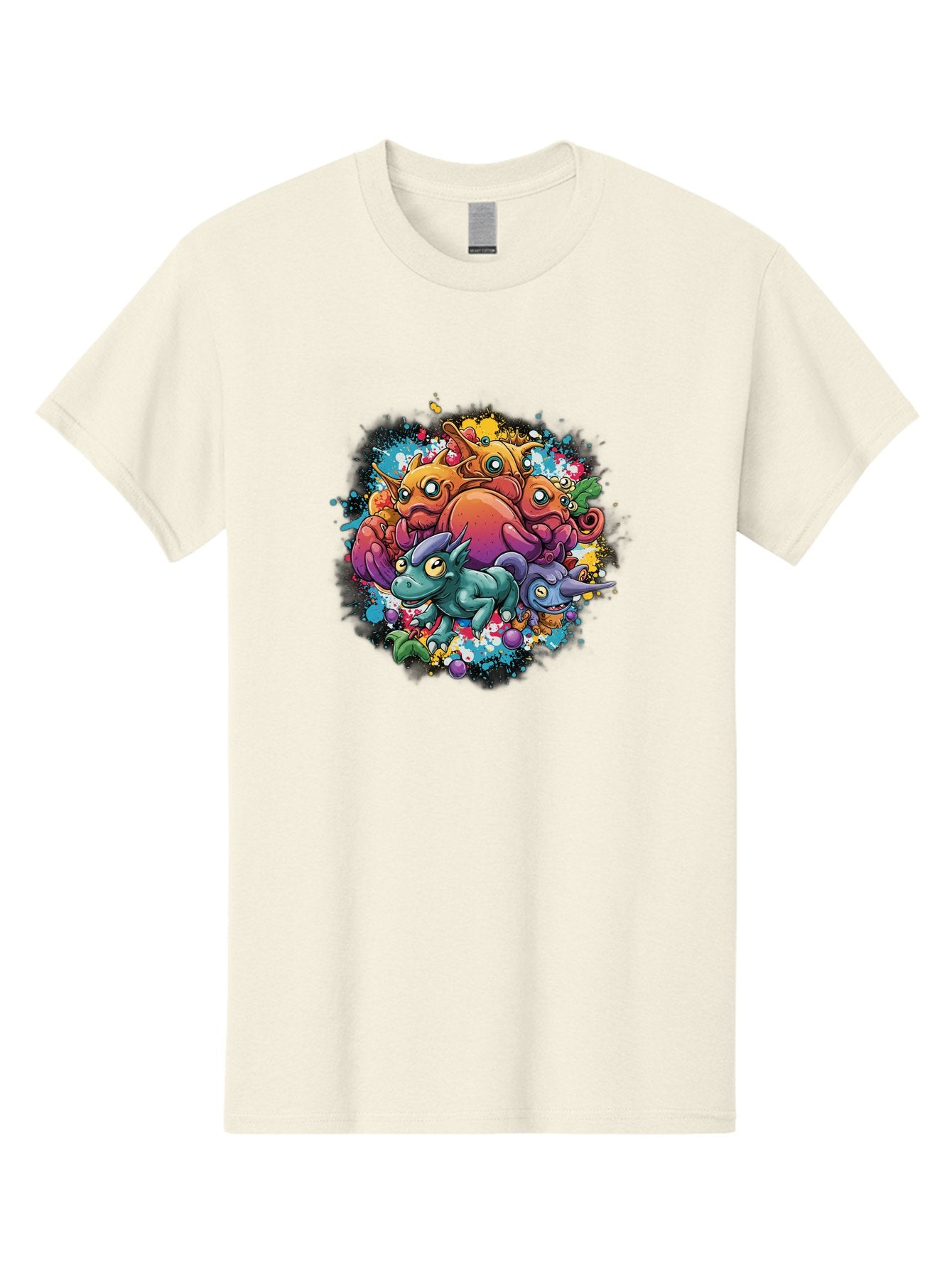 Colorful-Creatures Men'S Graphic Tee, 100% Cotton, Comfortable Casual Summer Wear, Machine Washable, Fantasy Creatures, Cartoon Characters, Colorful Illustration, Whimsical Creatures, Playful Design, Imaginative Art, Vibrant Colors, Baa385 11
