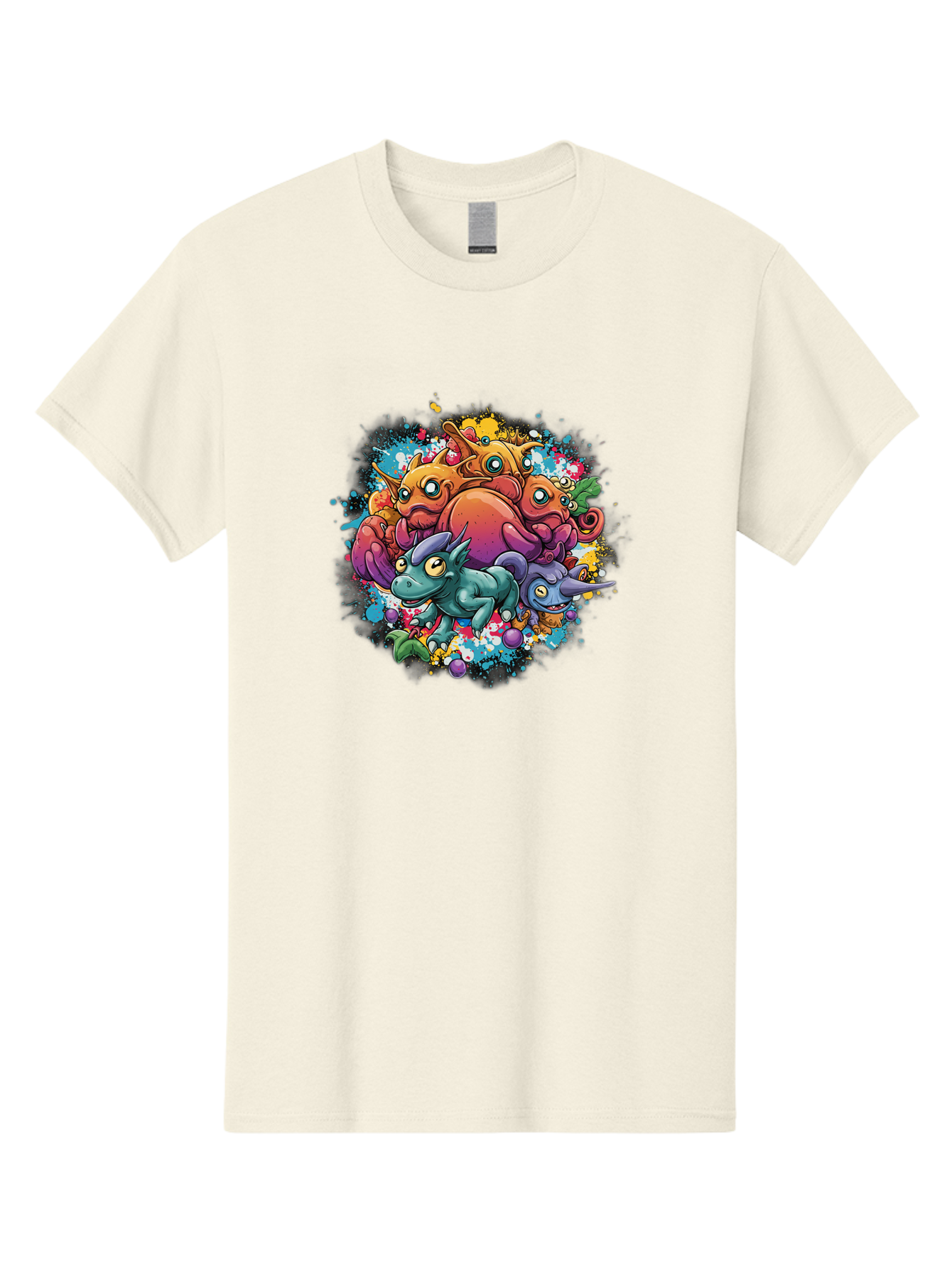 Colorful-Creatures Men'S Graphic Tee, 100% Cotton, Comfortable Casual Summer Wear, Machine Washable, Fantasy Creatures, Cartoon Characters, Colorful Illustration, Whimsical Creatures, Playful Design, Imaginative Art, Vibrant Colors, Baa385 7