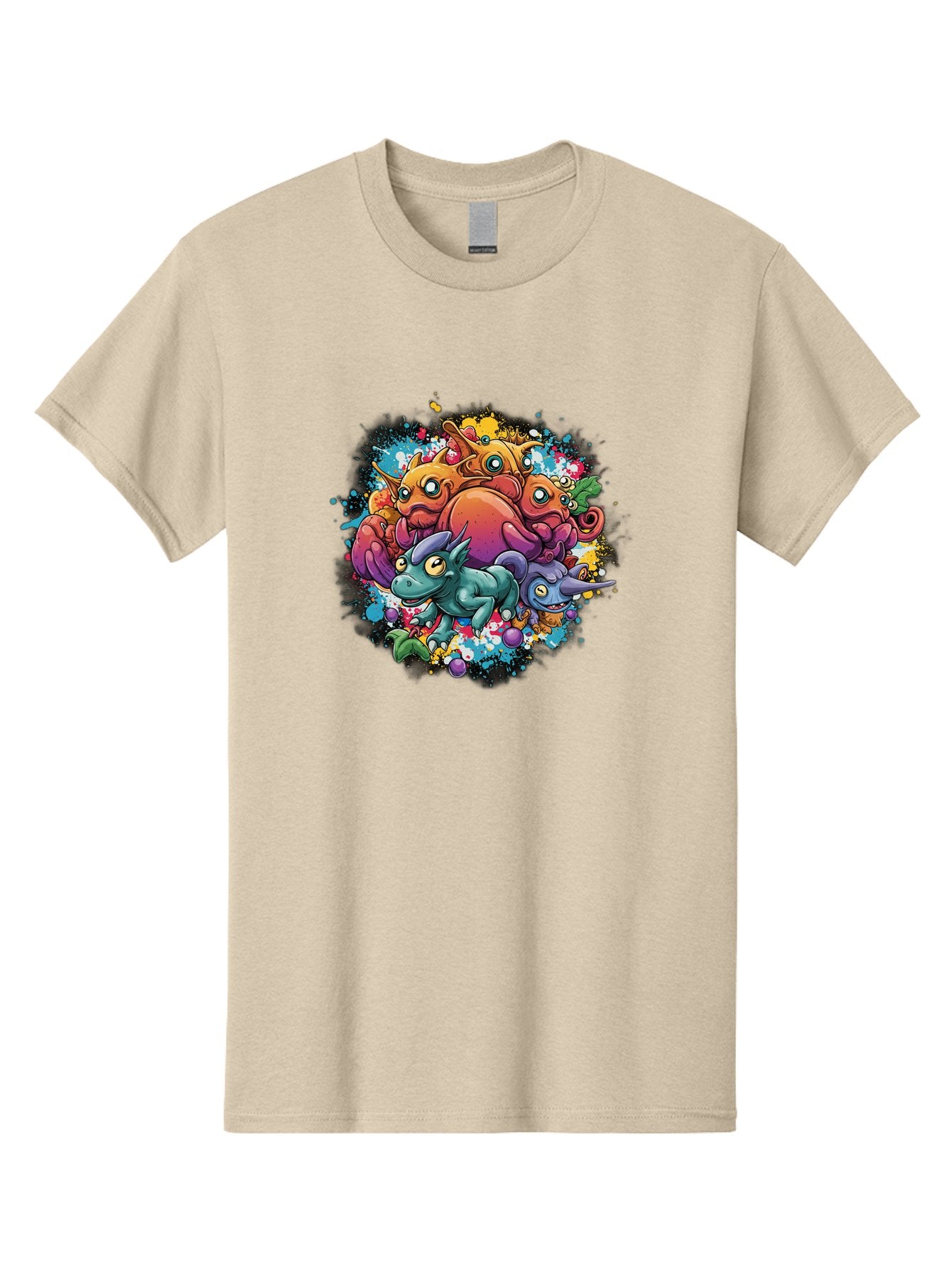 Colorful-Creatures Men'S Graphic Tee, 100% Cotton, Comfortable Casual Summer Wear, Machine Washable, Fantasy Creatures, Cartoon Characters, Colorful Illustration, Whimsical Creatures, Playful Design, Imaginative Art, Vibrant Colors, Baa385 9