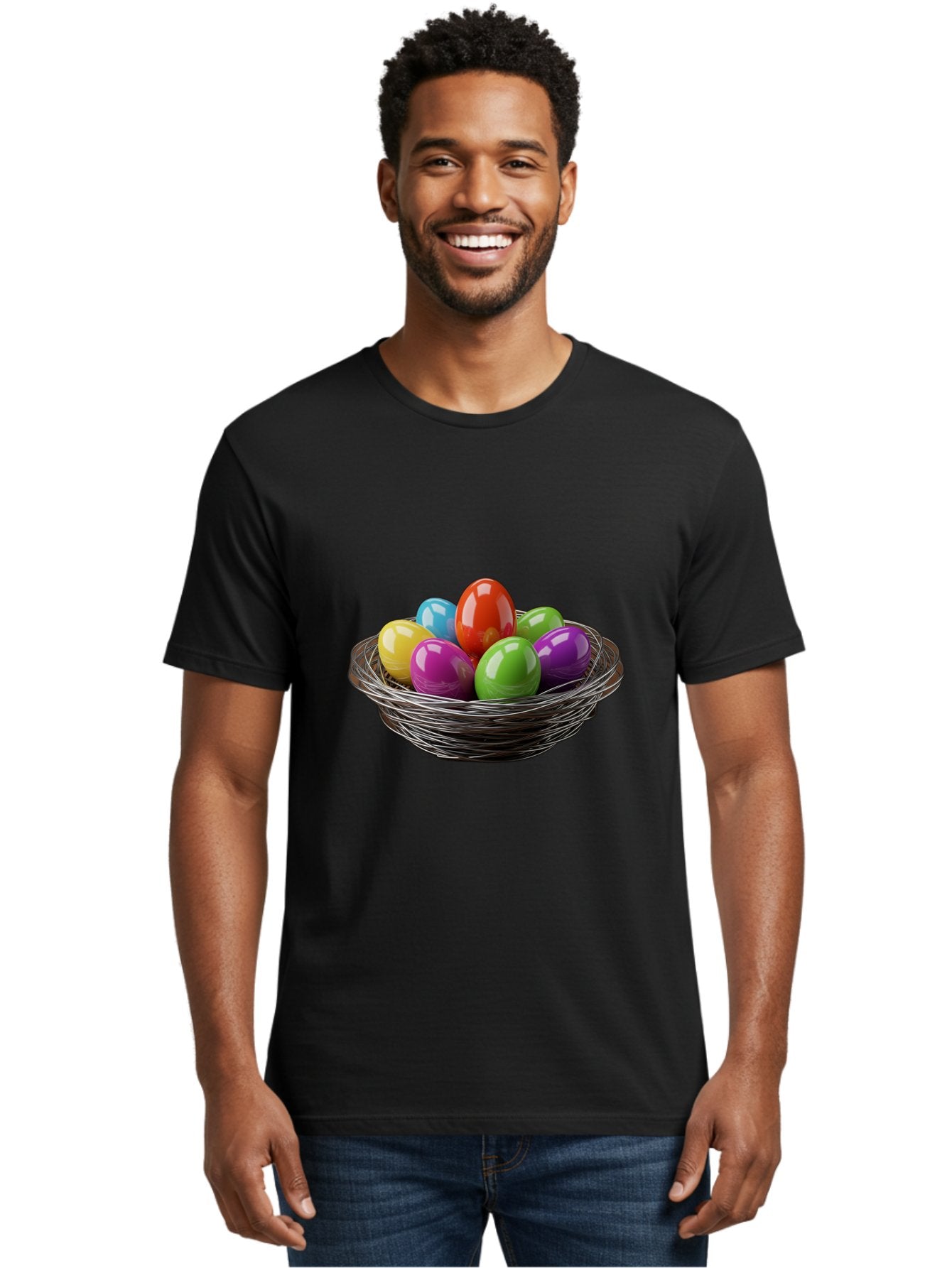 Colorful-Easter-Eggs Men'S Graphic Tee, 100% Cotton, Comfortable Casual Summer Wear, Machine Washable, Colorful Easter Eggs, Easter Egg Hunt, Vibrant Colors, Wire Basket, Holiday Decorations, Festive Treats, Spring Celebration, Shiny Eggs Baa388 25