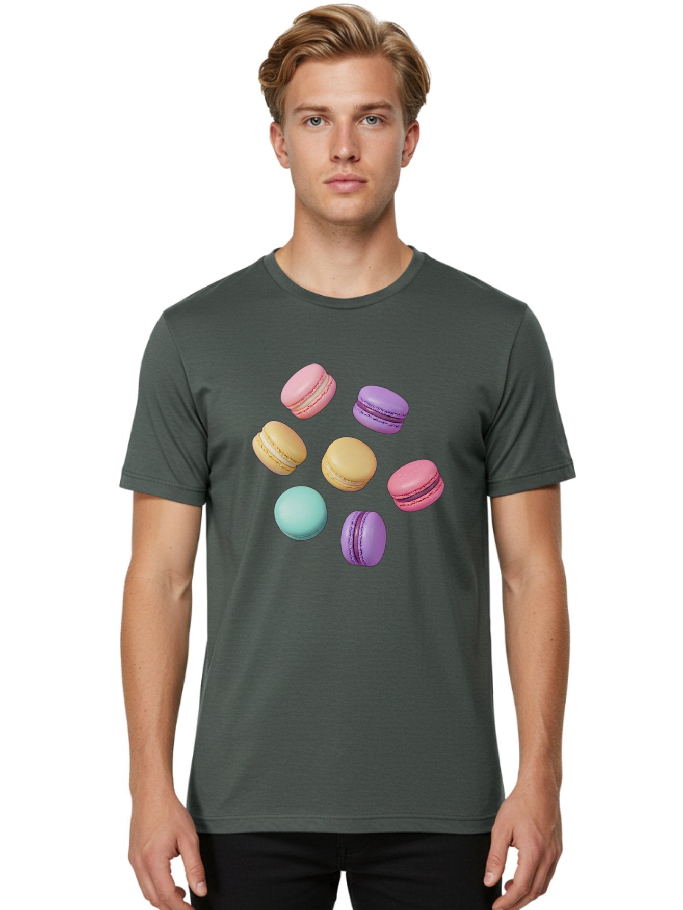 Colorful-Macarons-1 Men'S Graphic Tee, 100% Cotton, Comfortable Casual Summer Wear, Machine Washable, Colorful Macarons, Pastel Macarons, Assorted Macarons, Macaron Dessert, French Macarons, Sweet Treats, French Pastries, Macaron Flavors, Baa389 20