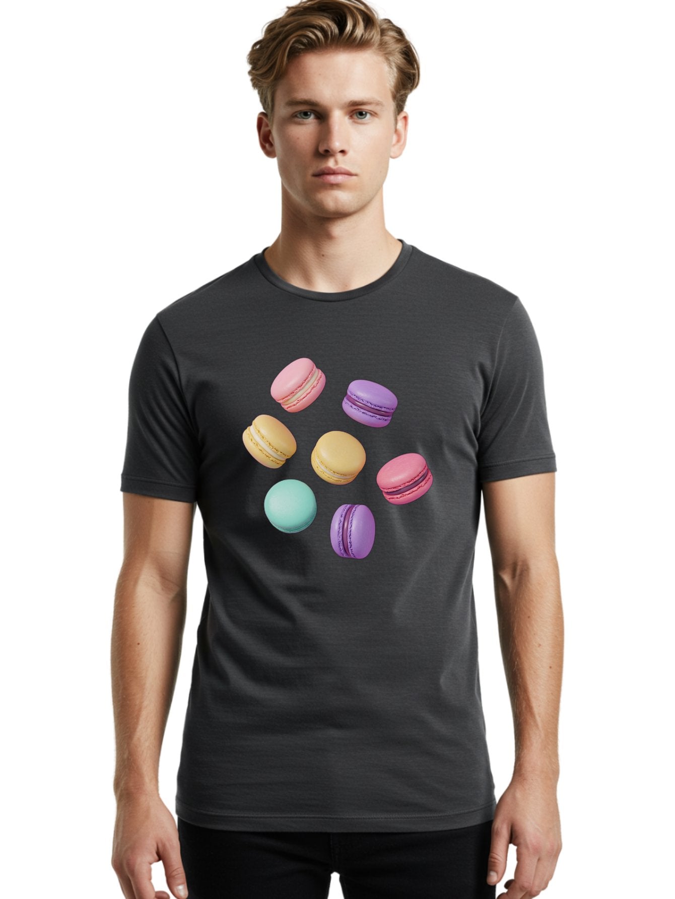 Colorful-Macarons-1 Men'S Graphic Tee, 100% Cotton, Comfortable Casual Summer Wear, Machine Washable, Colorful Macarons, Pastel Macarons, Assorted Macarons, Macaron Dessert, French Macarons, Sweet Treats, French Pastries, Macaron Flavors, Baa389 23