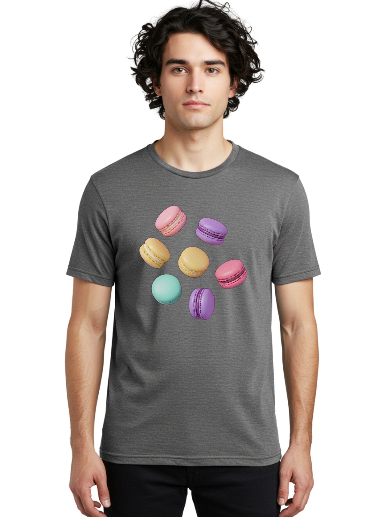 Colorful-Macarons-1 Men'S Graphic Tee, 100% Cotton, Comfortable Casual Summer Wear, Machine Washable, Colorful Macarons, Pastel Macarons, Assorted Macarons, Macaron Dessert, French Macarons, Sweet Treats, French Pastries, Macaron Flavors, Baa389 25