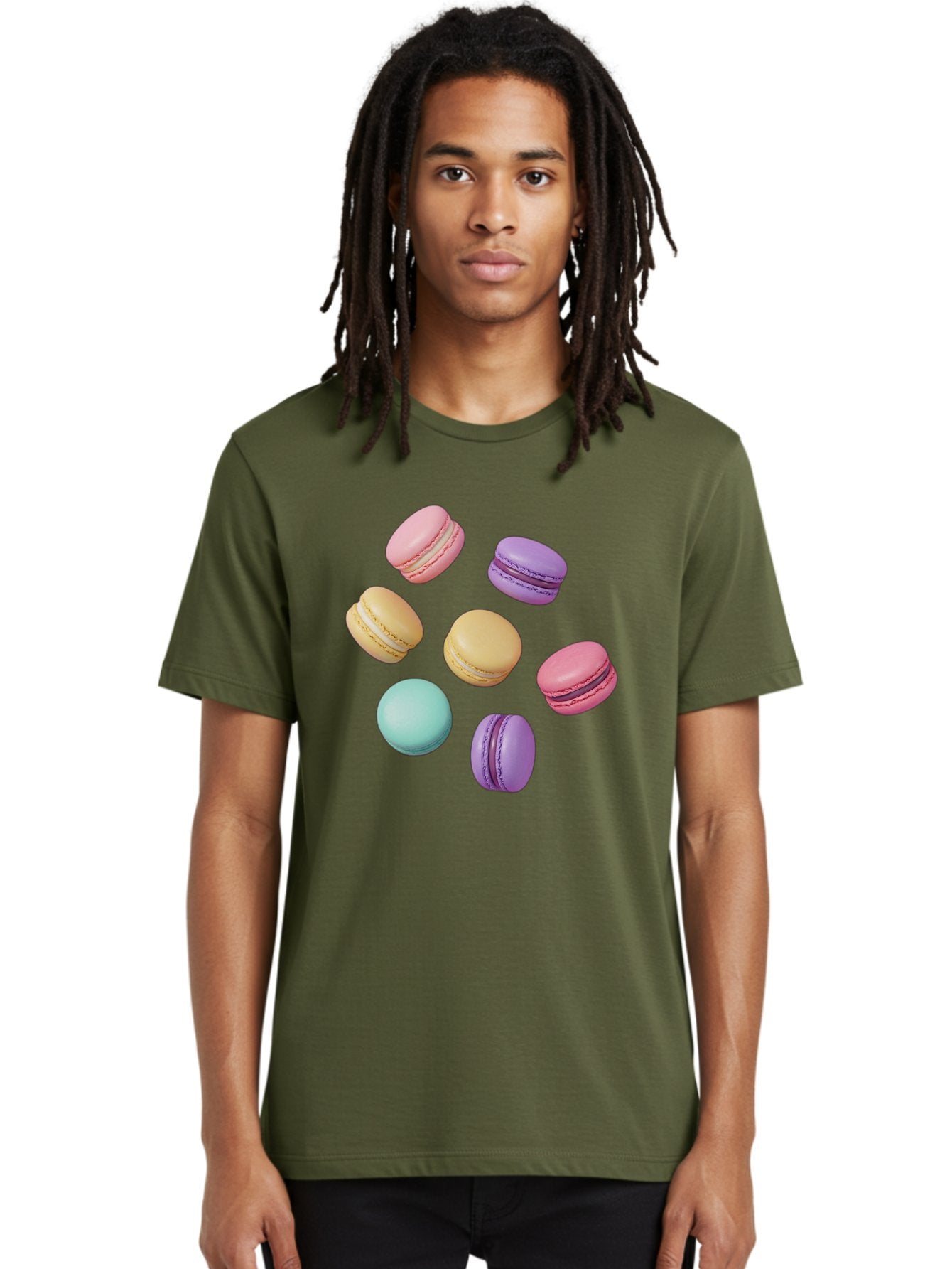 Colorful-Macarons-1 Men'S Graphic Tee, 100% Cotton, Comfortable Casual Summer Wear, Machine Washable, Colorful Macarons, Pastel Macarons, Assorted Macarons, Macaron Dessert, French Macarons, Sweet Treats, French Pastries, Macaron Flavors, Baa389 17