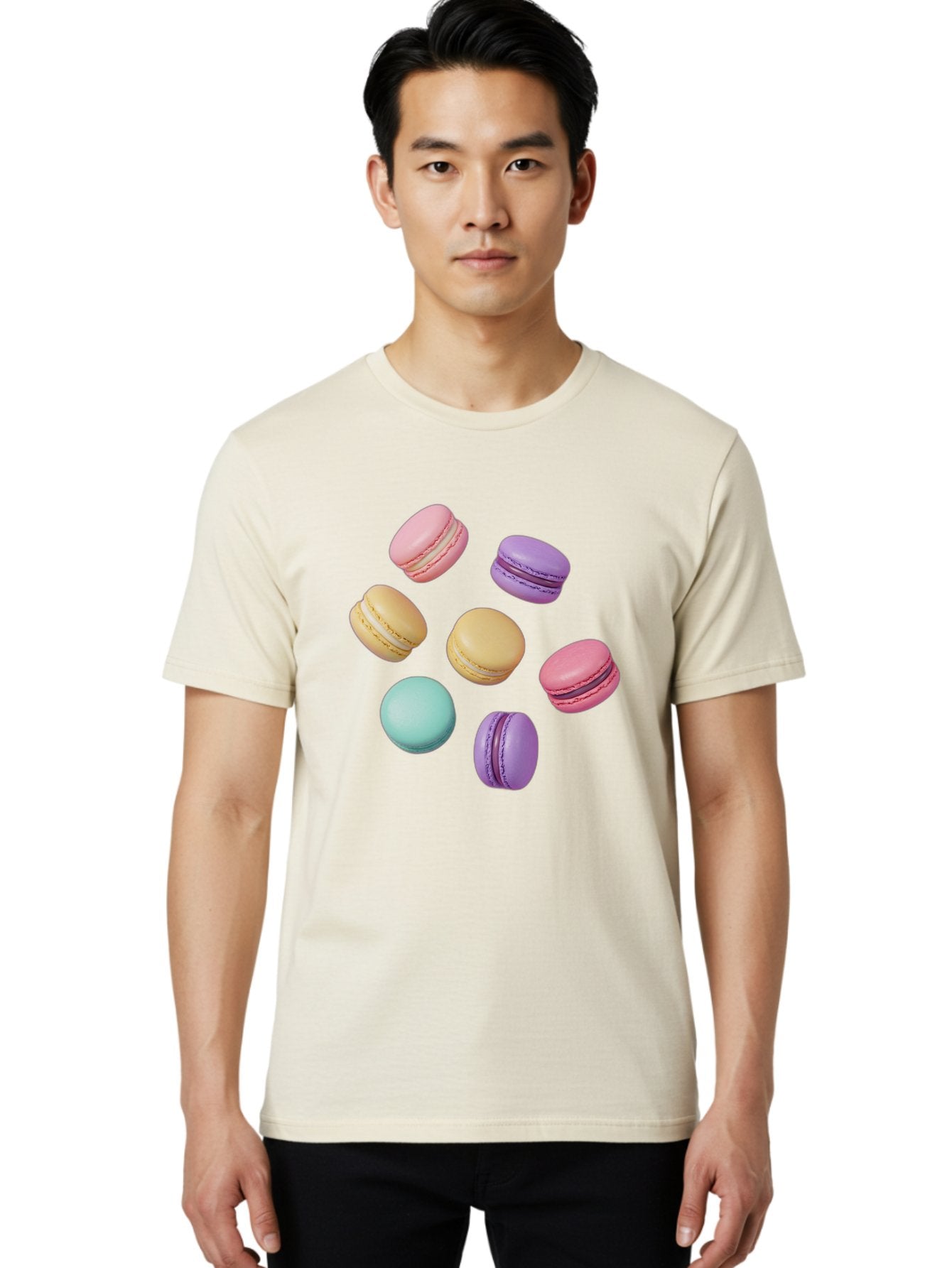 Colorful-Macarons-1 Men'S Graphic Tee, 100% Cotton, Comfortable Casual Summer Wear, Machine Washable, Colorful Macarons, Pastel Macarons, Assorted Macarons, Macaron Dessert, French Macarons, Sweet Treats, French Pastries, Macaron Flavors, Baa389 30