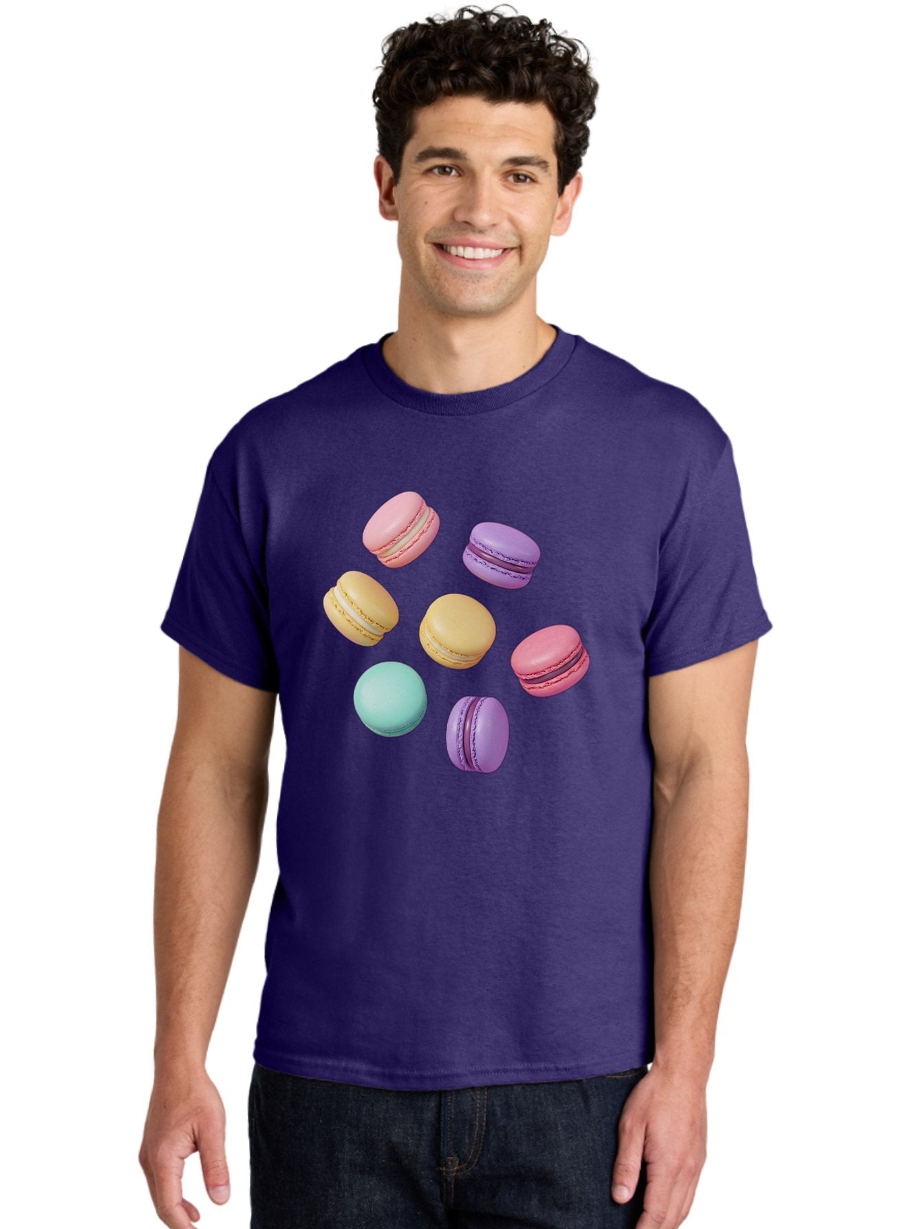 Colorful-Macarons-1 Men'S Graphic Tee, 100% Cotton, Comfortable Casual Summer Wear, Machine Washable, Colorful Macarons, Pastel Macarons, Assorted Macarons, Macaron Dessert, French Macarons, Sweet Treats, French Pastries, Macaron Flavors, Baa389 21