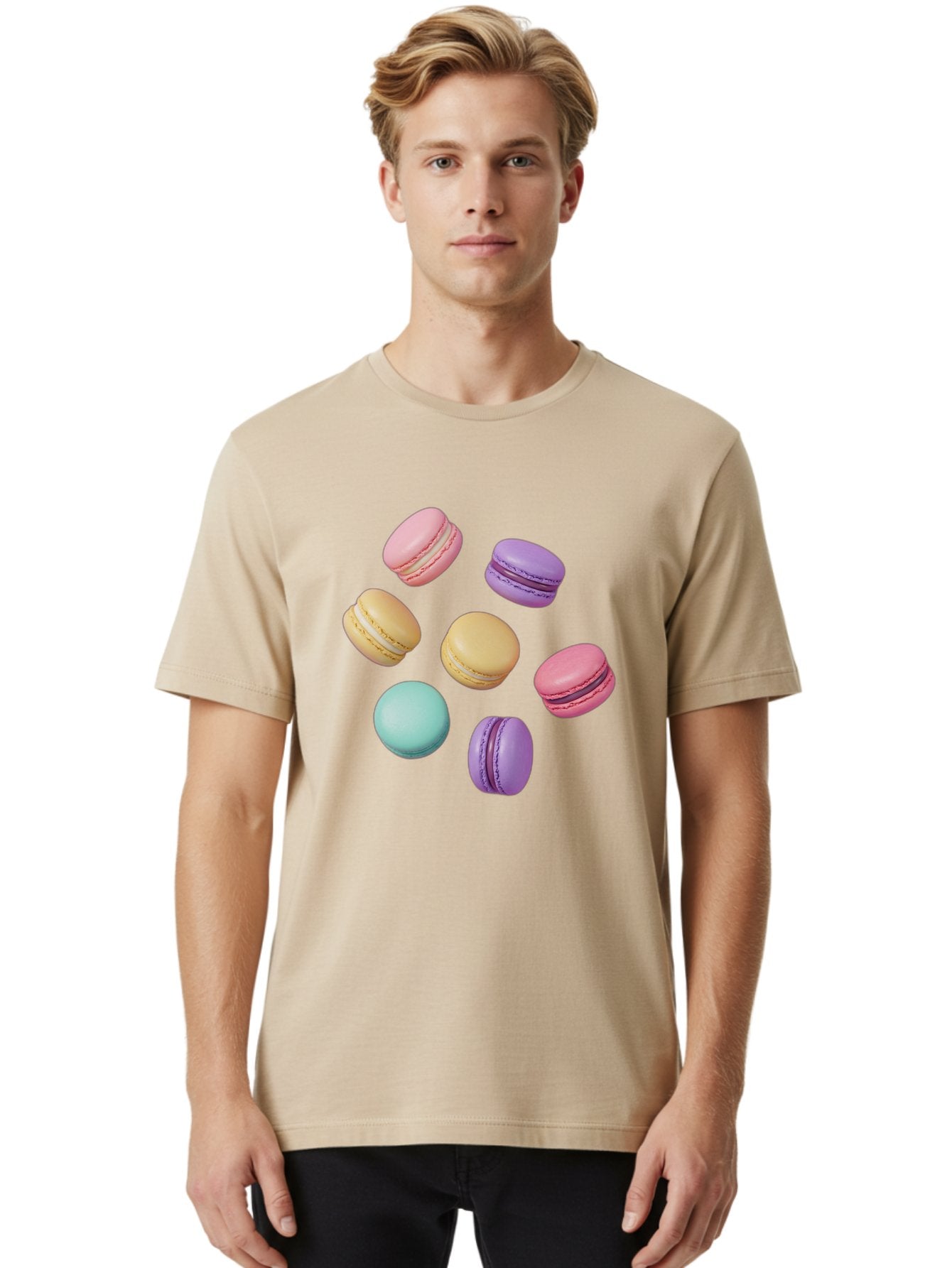 Colorful-Macarons-1 Men'S Graphic Tee, 100% Cotton, Comfortable Casual Summer Wear, Machine Washable, Colorful Macarons, Pastel Macarons, Assorted Macarons, Macaron Dessert, French Macarons, Sweet Treats, French Pastries, Macaron Flavors, Baa389 16
