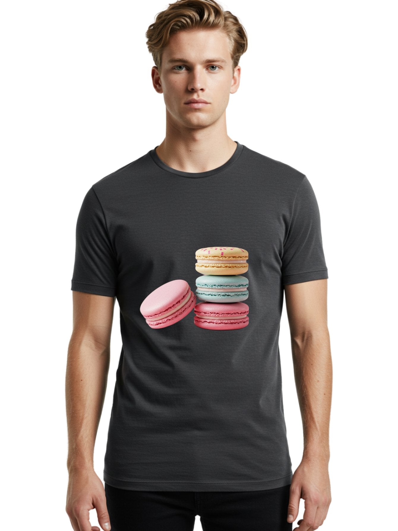 Colorful-Macarons Men'S Graphic Tee, 100% Cotton, Comfortable Casual Summer Wear, Machine Washable, Stack Of Colorful Macarons, Pastel Colors, Sweet Treats, Baked Goods, Delicate Cookies, French Desserts, Dessert Photography, Macaron Stack Baa390 25