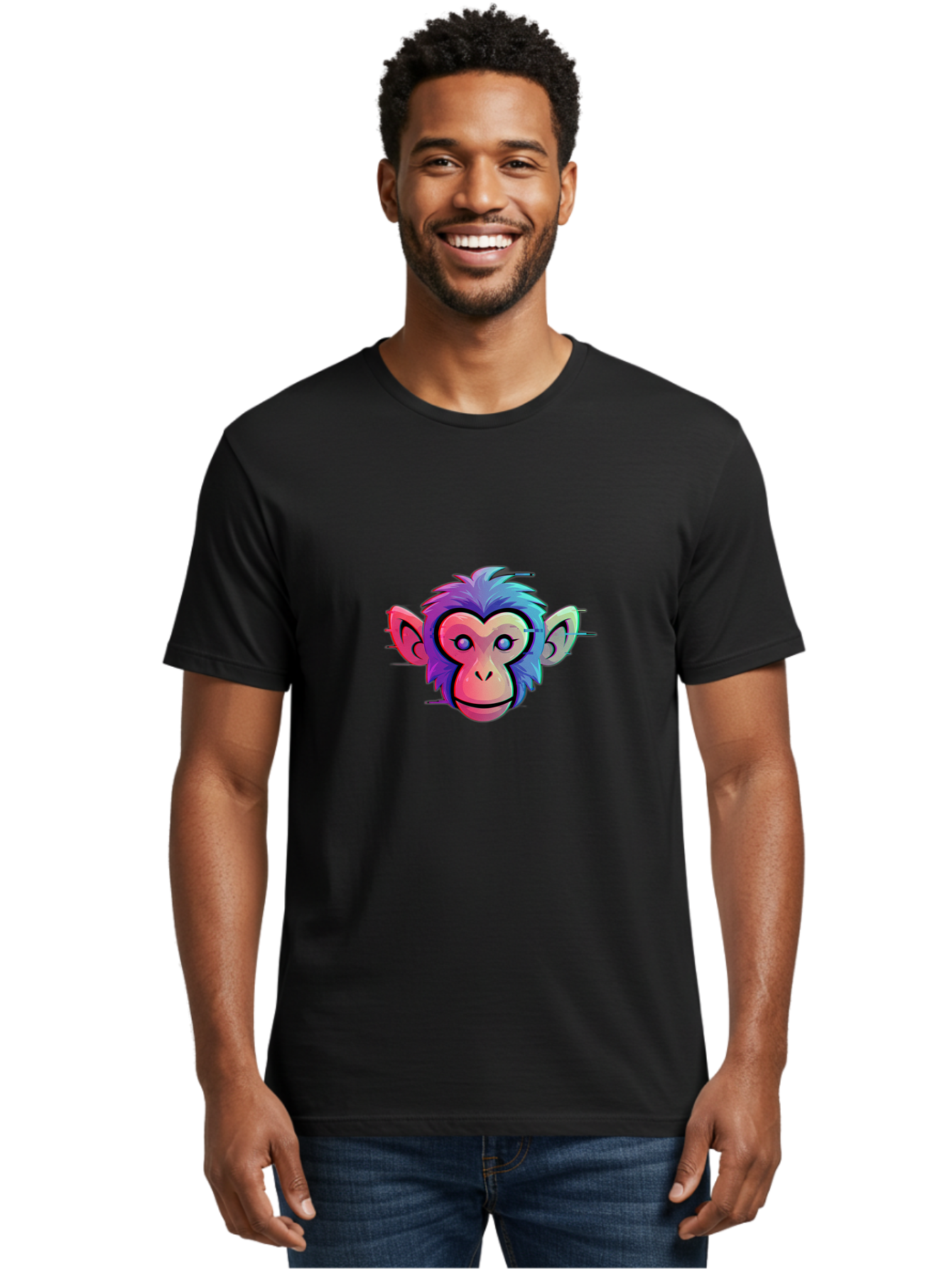 Colorful-Monkey-Head Men'S Graphic Tee, 100% Cotton, Comfortable Casual Summer Wear, Machine Washable, Cartoon Monkey, Colorful Illustration, Vibrant Fur, Pink Face, Blue Eyes, Playful Expression, Whimsical Design, Digital Art, Modern Graphic Baa391 28