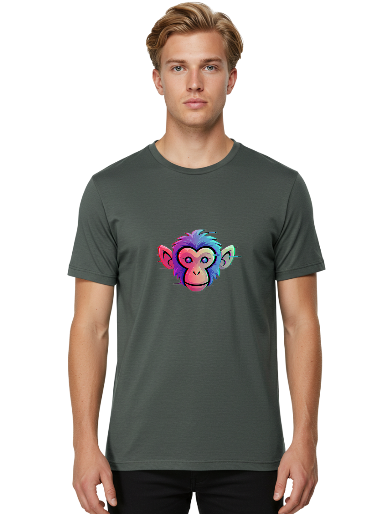Colorful-Monkey-Head Men'S Graphic Tee, 100% Cotton, Comfortable Casual Summer Wear, Machine Washable, Cartoon Monkey, Colorful Illustration, Vibrant Fur, Pink Face, Blue Eyes, Playful Expression, Whimsical Design, Digital Art, Modern Graphic Baa391 6