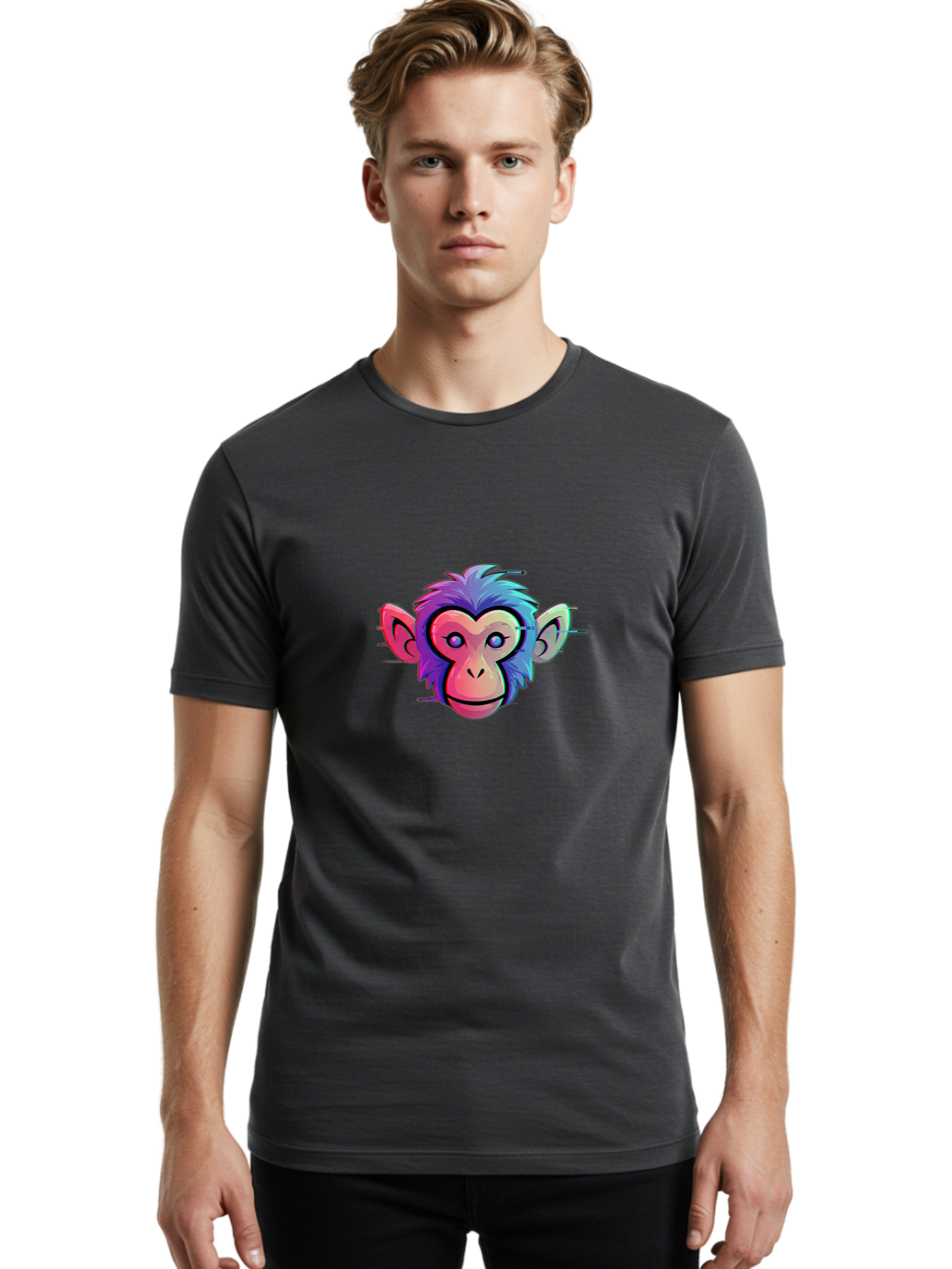 Colorful-Monkey-Head Men'S Graphic Tee, 100% Cotton, Comfortable Casual Summer Wear, Machine Washable, Cartoon Monkey, Colorful Illustration, Vibrant Fur, Pink Face, Blue Eyes, Playful Expression, Whimsical Design, Digital Art, Modern Graphic Baa391 26