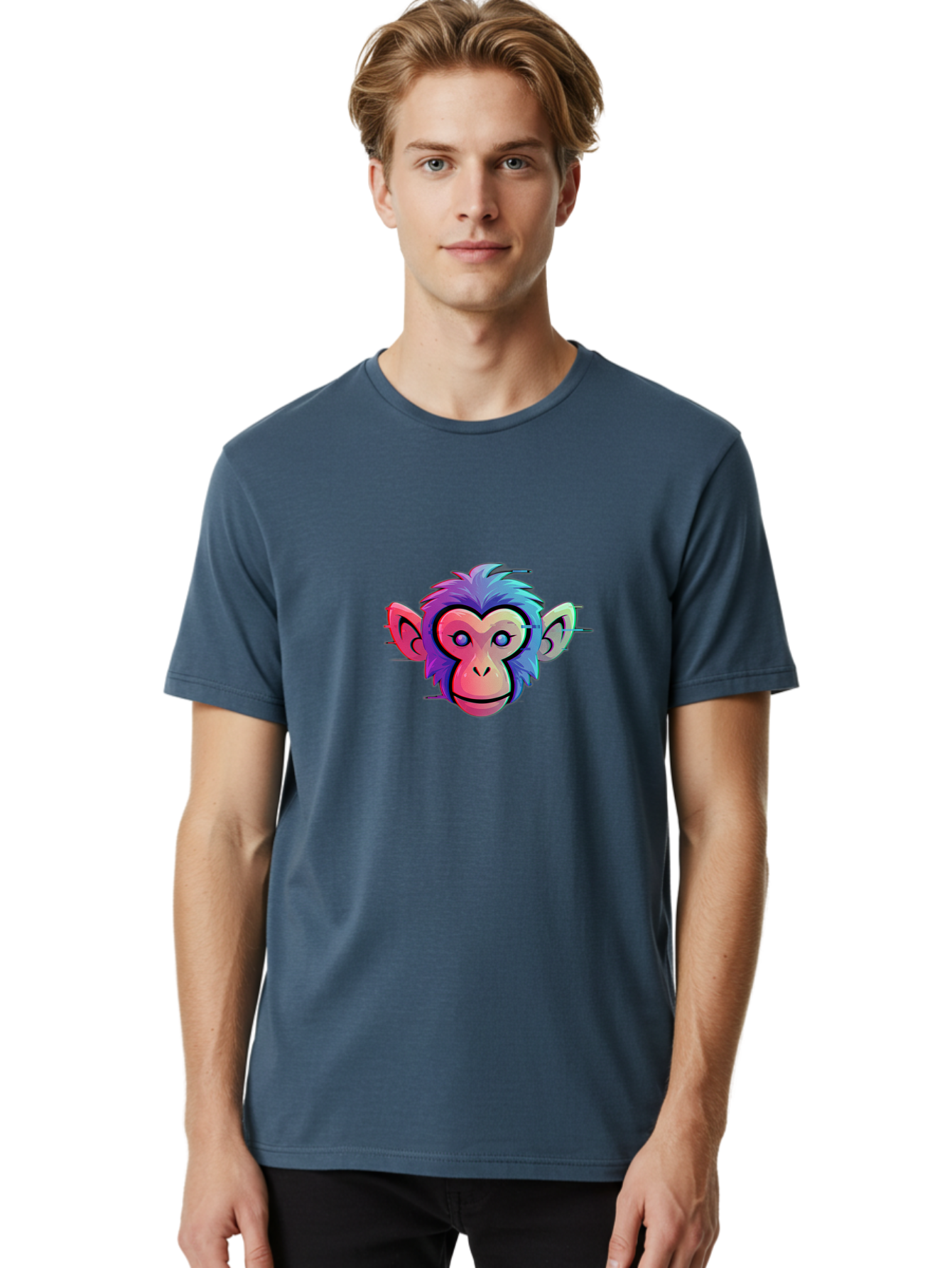 Colorful-Monkey-Head Men'S Graphic Tee, 100% Cotton, Comfortable Casual Summer Wear, Machine Washable, Cartoon Monkey, Colorful Illustration, Vibrant Fur, Pink Face, Blue Eyes, Playful Expression, Whimsical Design, Digital Art, Modern Graphic Baa391 16