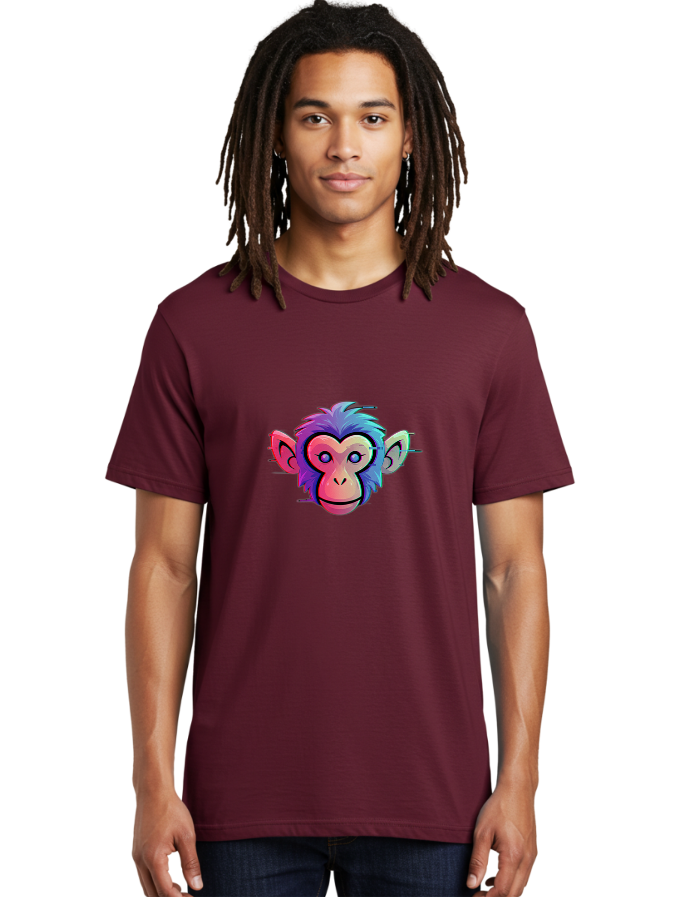 Colorful-Monkey-Head Men'S Graphic Tee, 100% Cotton, Comfortable Casual Summer Wear, Machine Washable, Cartoon Monkey, Colorful Illustration, Vibrant Fur, Pink Face, Blue Eyes, Playful Expression, Whimsical Design, Digital Art, Modern Graphic Baa391 20
