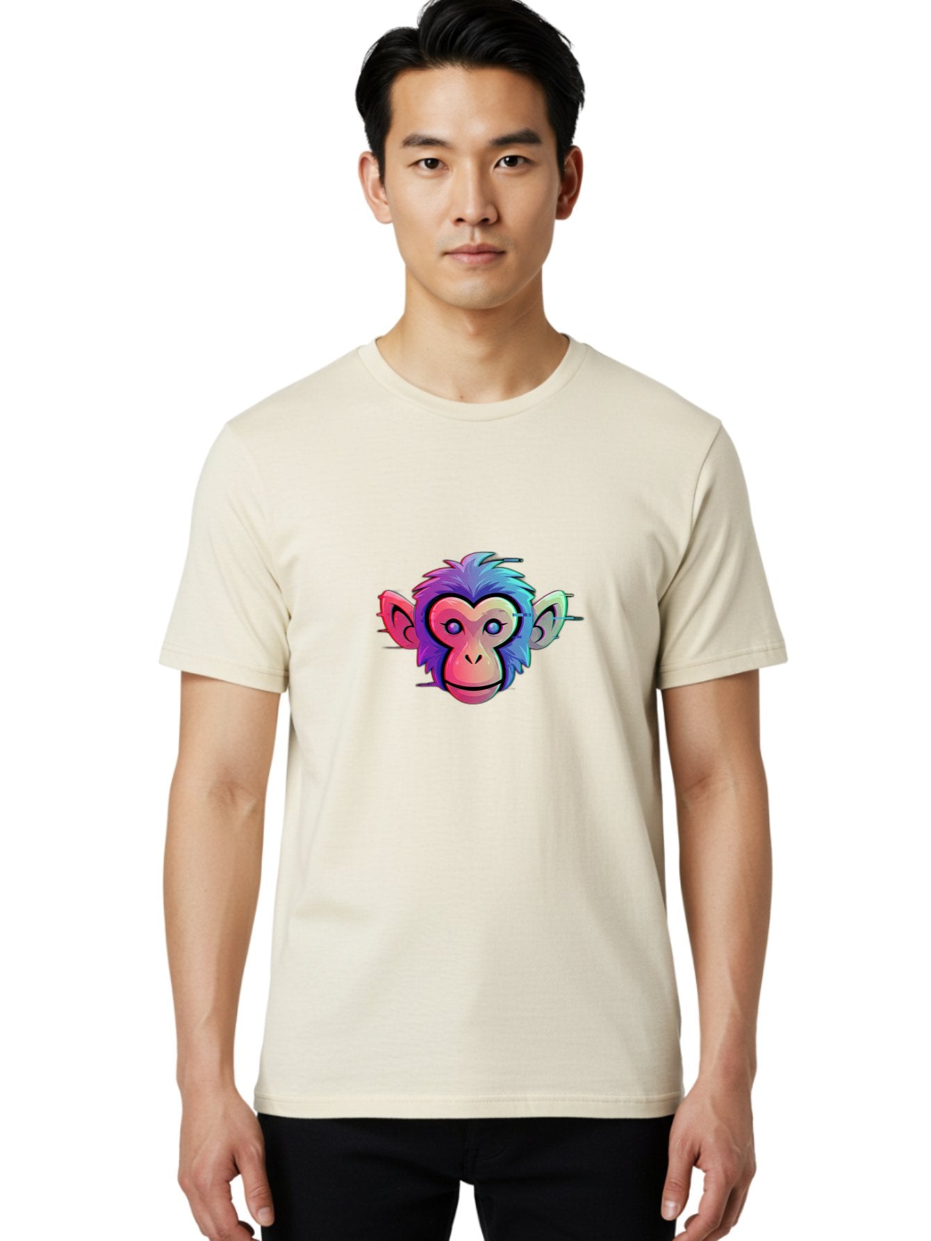 Colorful-Monkey-Head Men'S Graphic Tee, 100% Cotton, Comfortable Casual Summer Wear, Machine Washable, Cartoon Monkey, Colorful Illustration, Vibrant Fur, Pink Face, Blue Eyes, Playful Expression, Whimsical Design, Digital Art, Modern Graphic Baa391 26