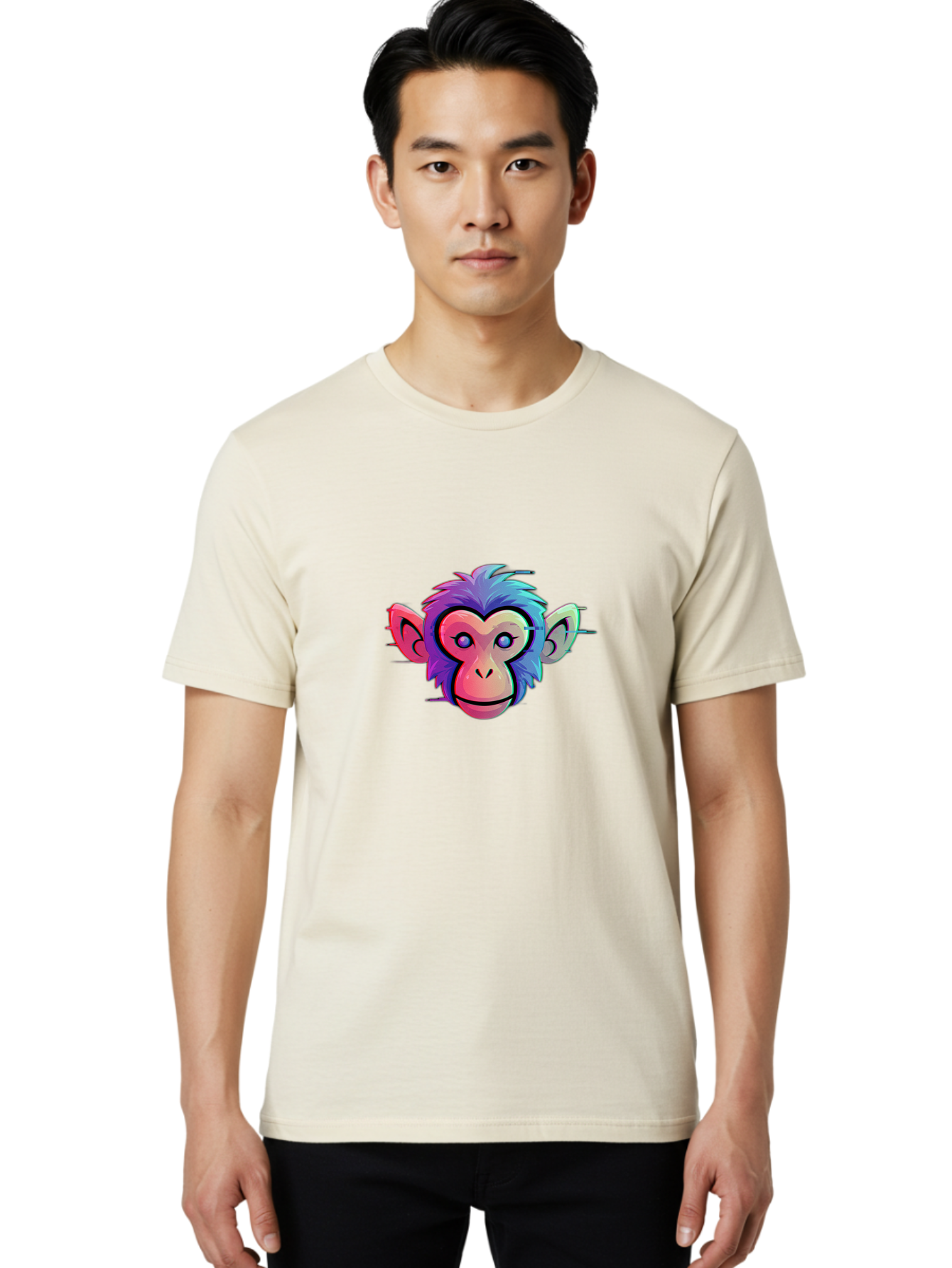 Colorful-Monkey-Head Men'S Graphic Tee, 100% Cotton, Comfortable Casual Summer Wear, Machine Washable, Cartoon Monkey, Colorful Illustration, Vibrant Fur, Pink Face, Blue Eyes, Playful Expression, Whimsical Design, Digital Art, Modern Graphic Baa391 10
