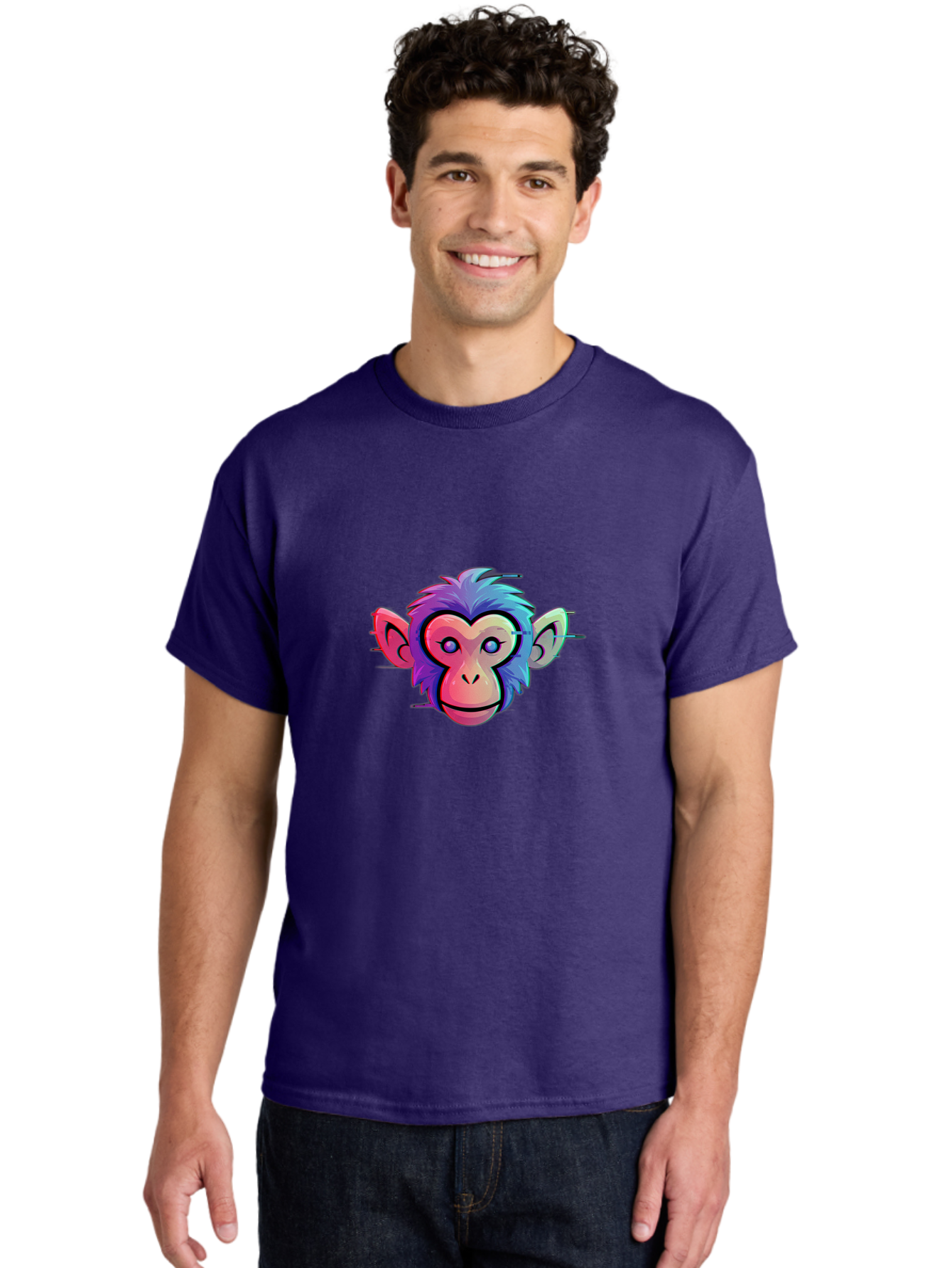 Colorful-Monkey-Head Men'S Graphic Tee, 100% Cotton, Comfortable Casual Summer Wear, Machine Washable, Cartoon Monkey, Colorful Illustration, Vibrant Fur, Pink Face, Blue Eyes, Playful Expression, Whimsical Design, Digital Art, Modern Graphic Baa391 14