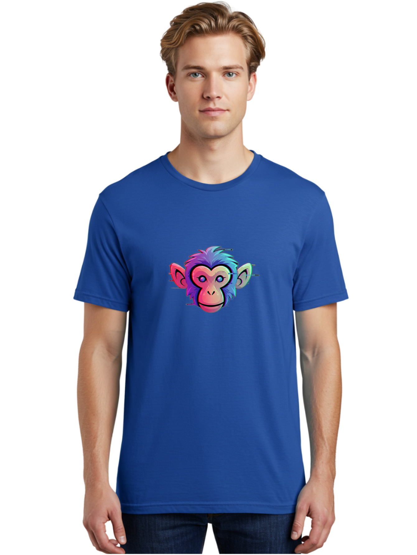 Colorful-Monkey-Head Men'S Graphic Tee, 100% Cotton, Comfortable Casual Summer Wear, Machine Washable, Cartoon Monkey, Colorful Illustration, Vibrant Fur, Pink Face, Blue Eyes, Playful Expression, Whimsical Design, Digital Art, Modern Graphic Baa391 8