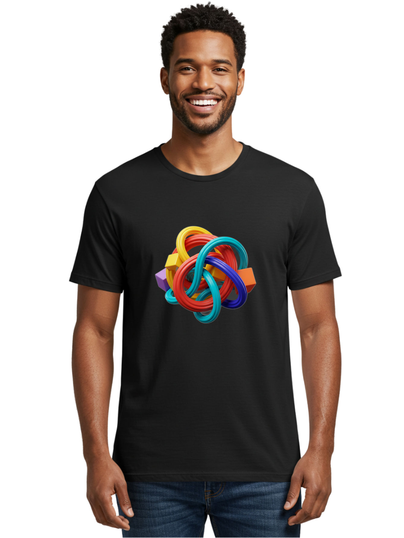 Colorful-Rings-And-Cubes Men'S Graphic Tee, 100% Cotton, Comfortable Casual Summer Wear, Machine Washable, Interconnected Rings, 3D Graphics, Colorful Shapes, Abstract Art, Vibrant Colors, Geometric Forms, Dynamic Composition, Modern Design, Baa393 6