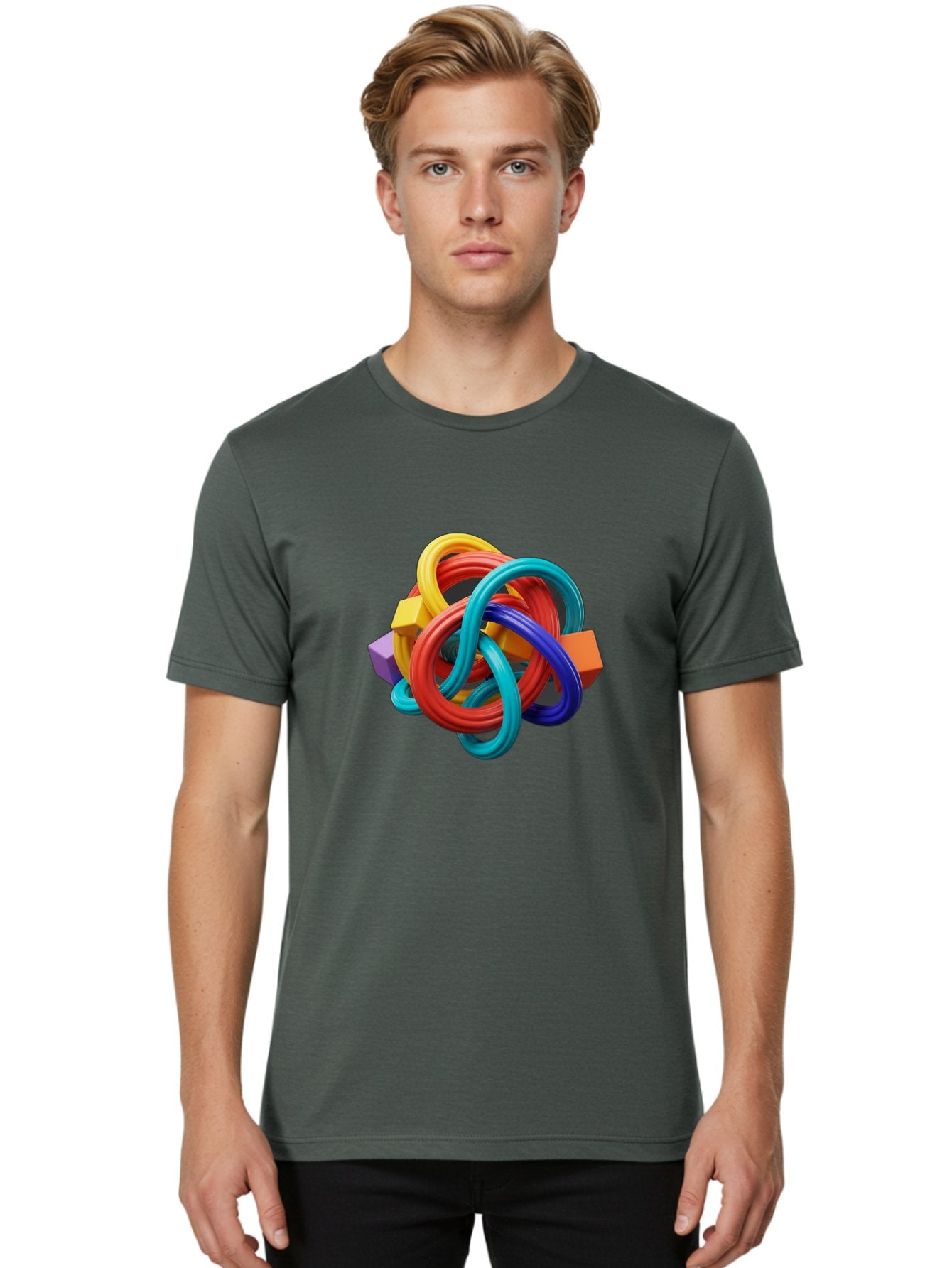 Colorful-Rings-And-Cubes Men'S Graphic Tee, 100% Cotton, Comfortable Casual Summer Wear, Machine Washable, Interconnected Rings, 3D Graphics, Colorful Shapes, Abstract Art, Vibrant Colors, Geometric Forms, Dynamic Composition, Modern Design, Baa393 29