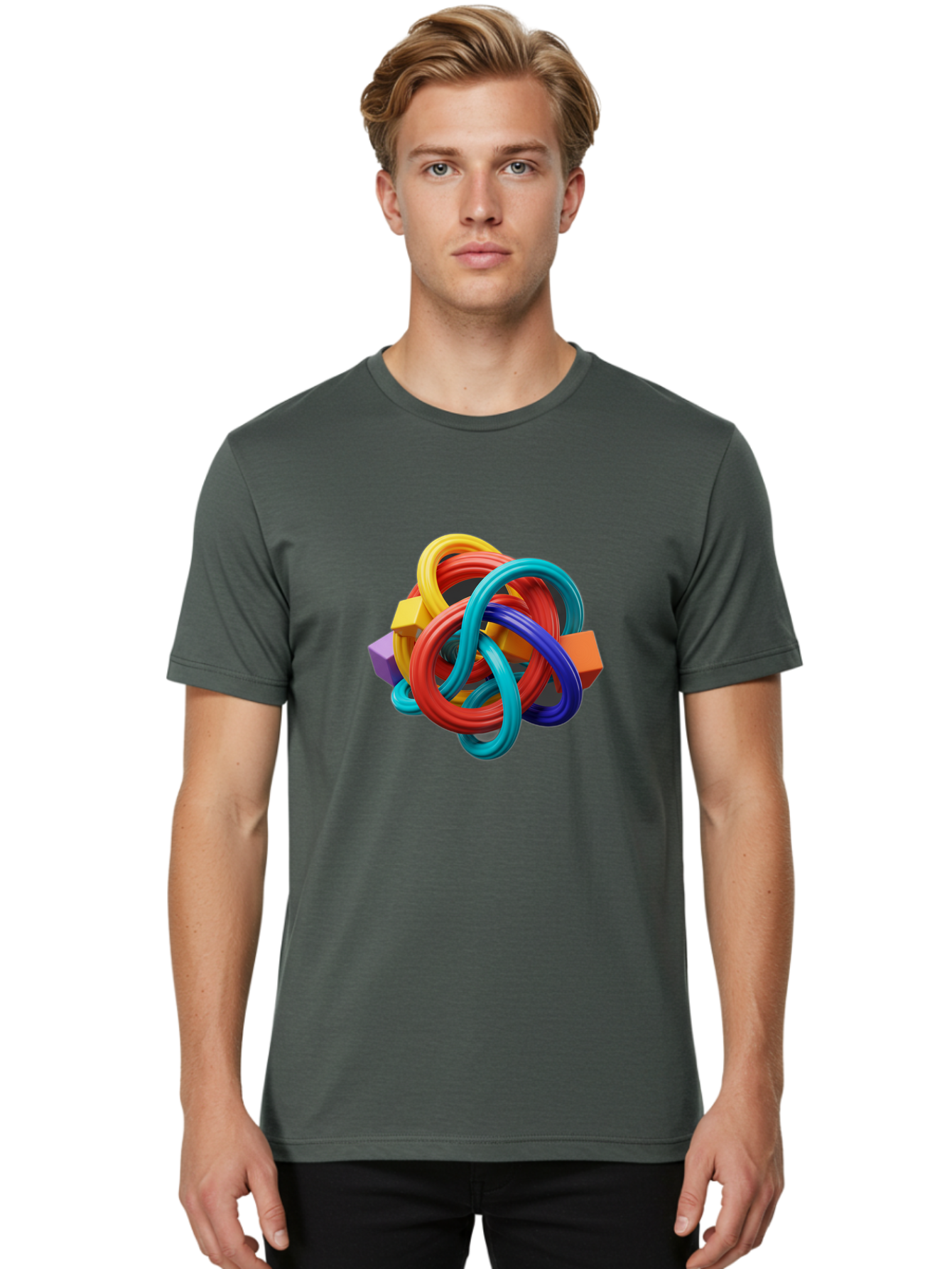 Colorful-Rings-And-Cubes Men'S Graphic Tee, 100% Cotton, Comfortable Casual Summer Wear, Machine Washable, Interconnected Rings, 3D Graphics, Colorful Shapes, Abstract Art, Vibrant Colors, Geometric Forms, Dynamic Composition, Modern Design, Baa393 4