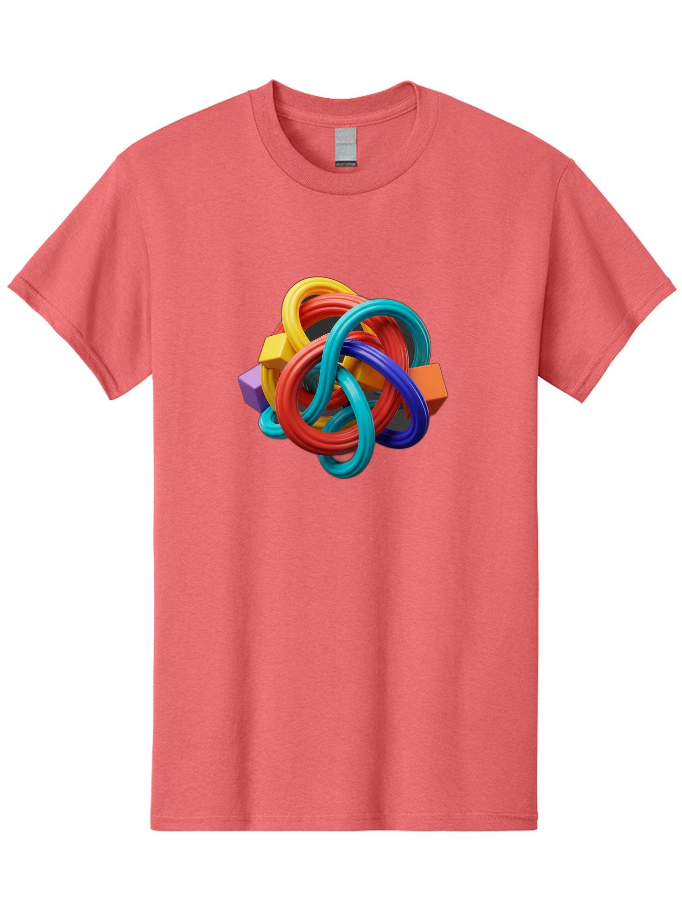 Colorful-Rings-And-Cubes Men'S Graphic Tee, 100% Cotton, Comfortable Casual Summer Wear, Machine Washable, Interconnected Rings, 3D Graphics, Colorful Shapes, Abstract Art, Vibrant Colors, Geometric Forms, Dynamic Composition, Modern Design, Baa393