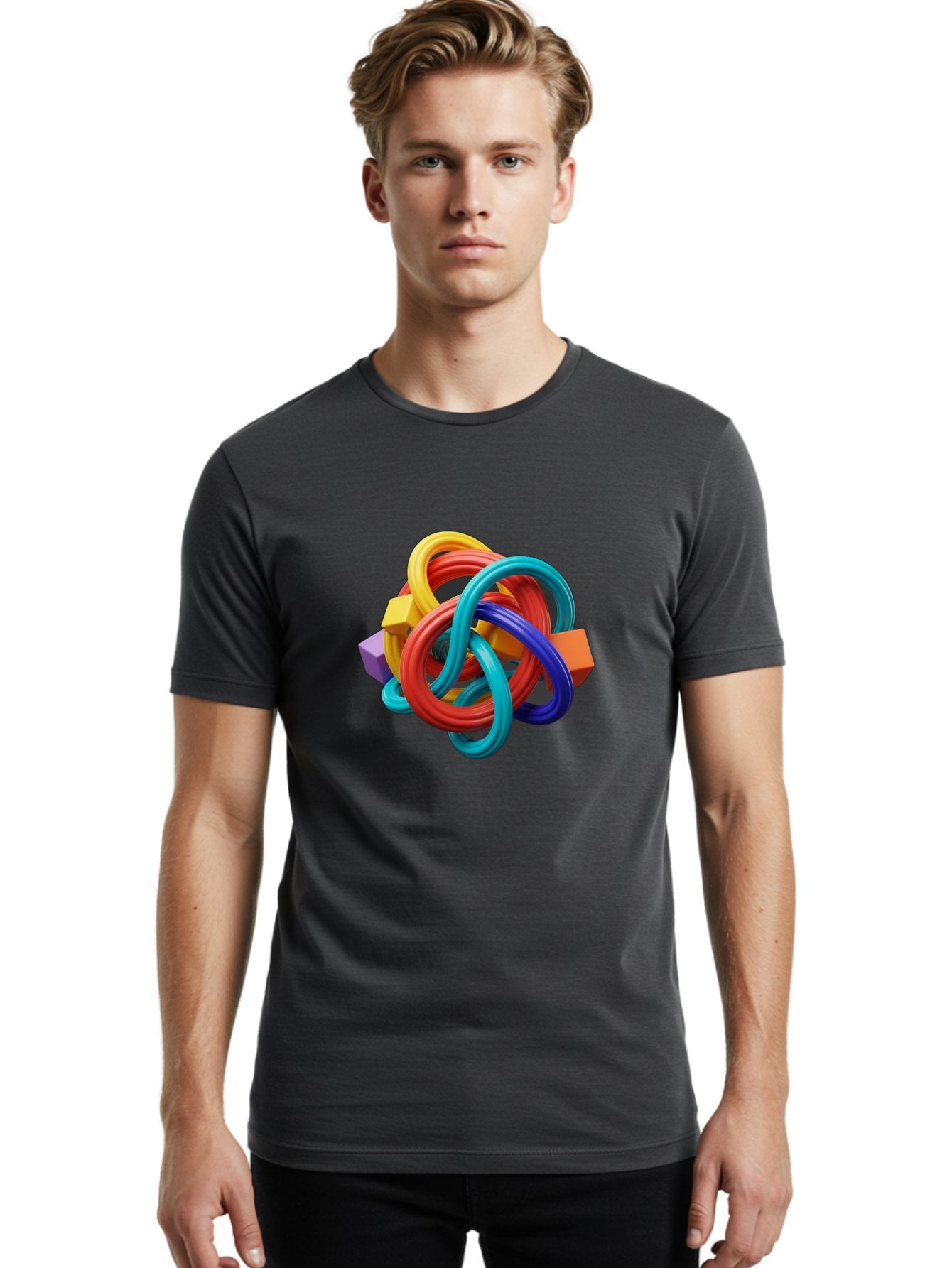 Colorful-Rings-And-Cubes Men'S Graphic Tee, 100% Cotton, Comfortable Casual Summer Wear, Machine Washable, Interconnected Rings, 3D Graphics, Colorful Shapes, Abstract Art, Vibrant Colors, Geometric Forms, Dynamic Composition, Modern Design, Baa393 25