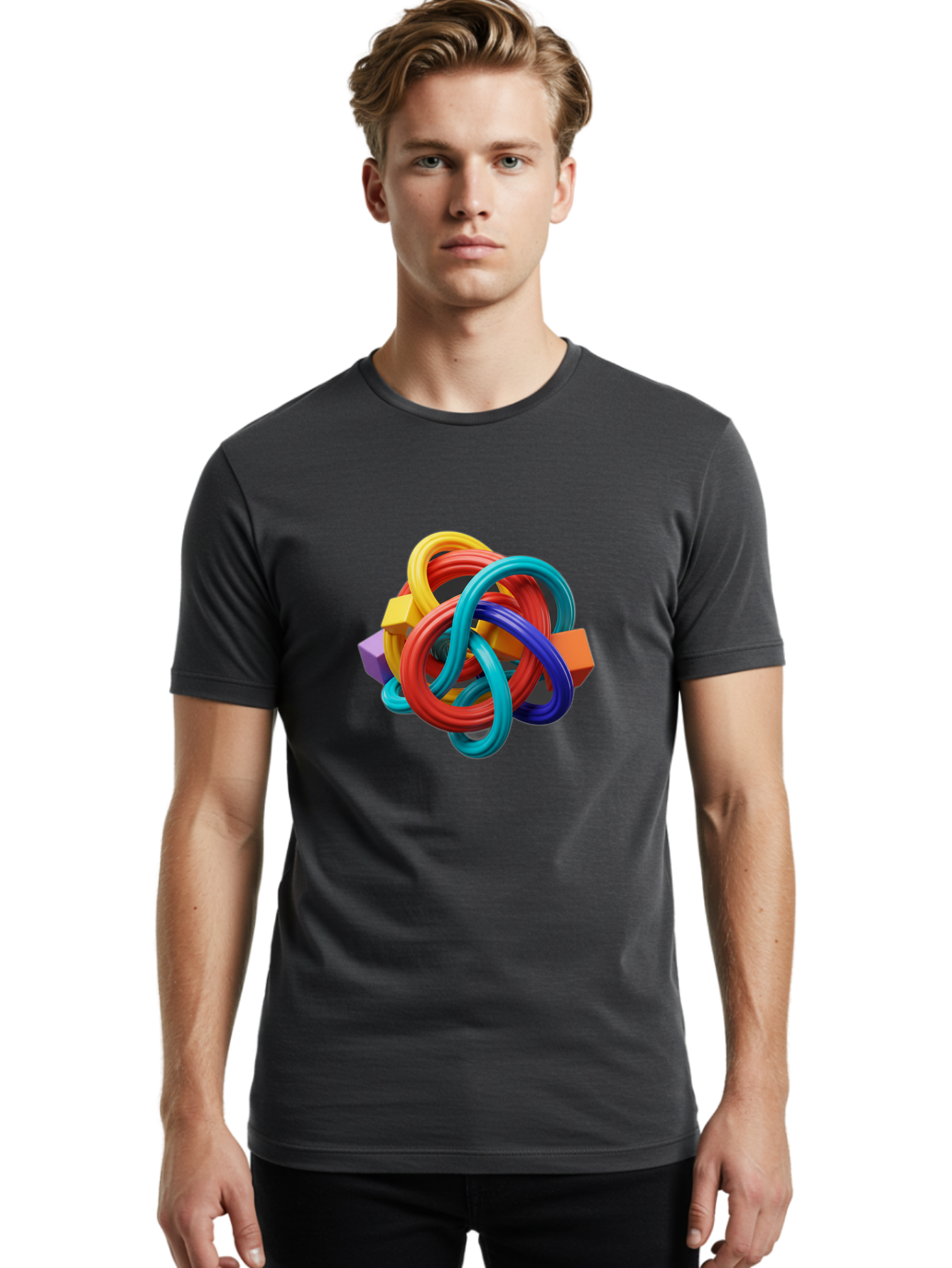 Colorful-Rings-And-Cubes Men'S Graphic Tee, 100% Cotton, Comfortable Casual Summer Wear, Machine Washable, Interconnected Rings, 3D Graphics, Colorful Shapes, Abstract Art, Vibrant Colors, Geometric Forms, Dynamic Composition, Modern Design, Baa393 12