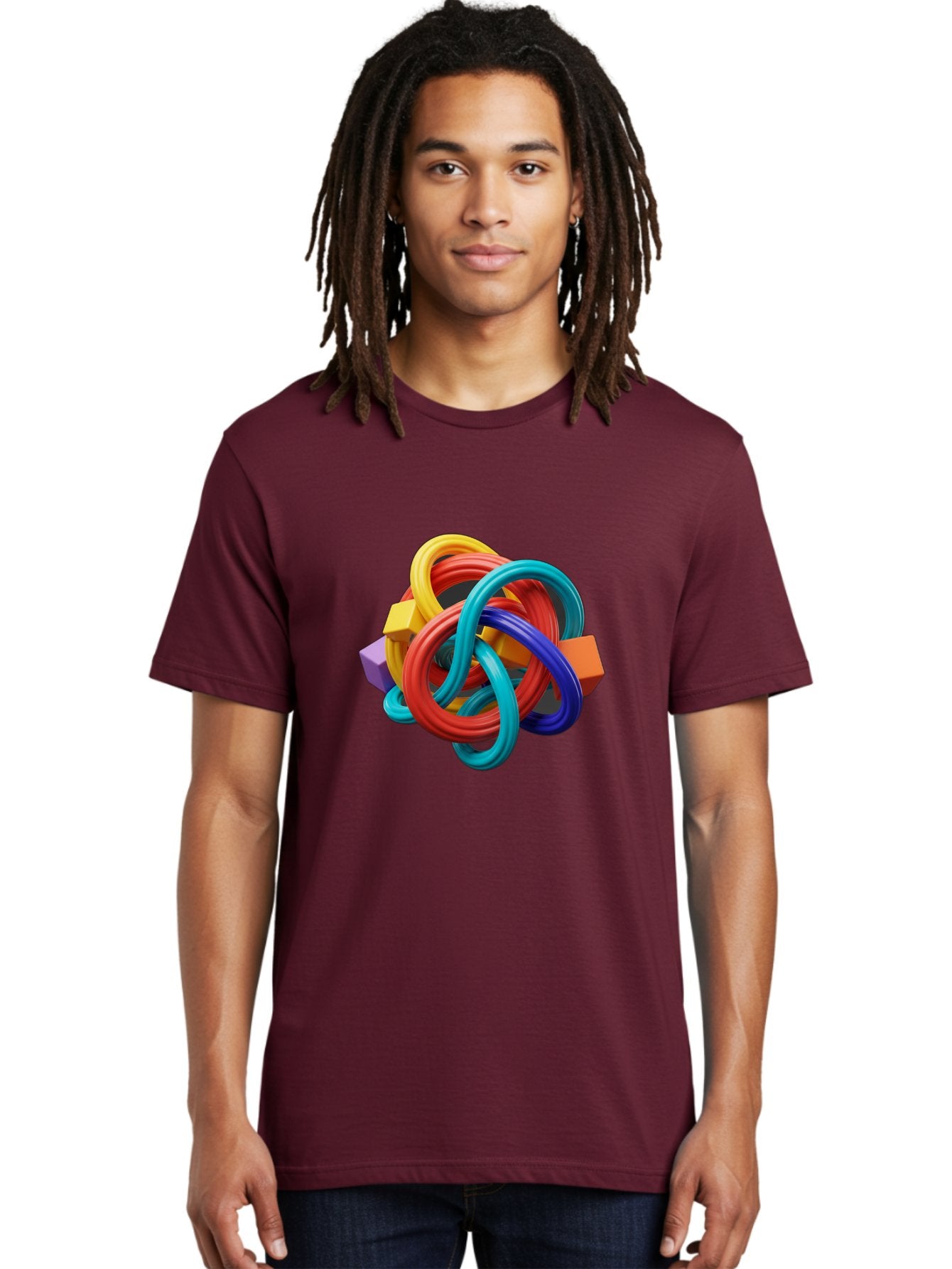 Colorful-Rings-And-Cubes Men'S Graphic Tee, 100% Cotton, Comfortable Casual Summer Wear, Machine Washable, Interconnected Rings, 3D Graphics, Colorful Shapes, Abstract Art, Vibrant Colors, Geometric Forms, Dynamic Composition, Modern Design, Baa393 30