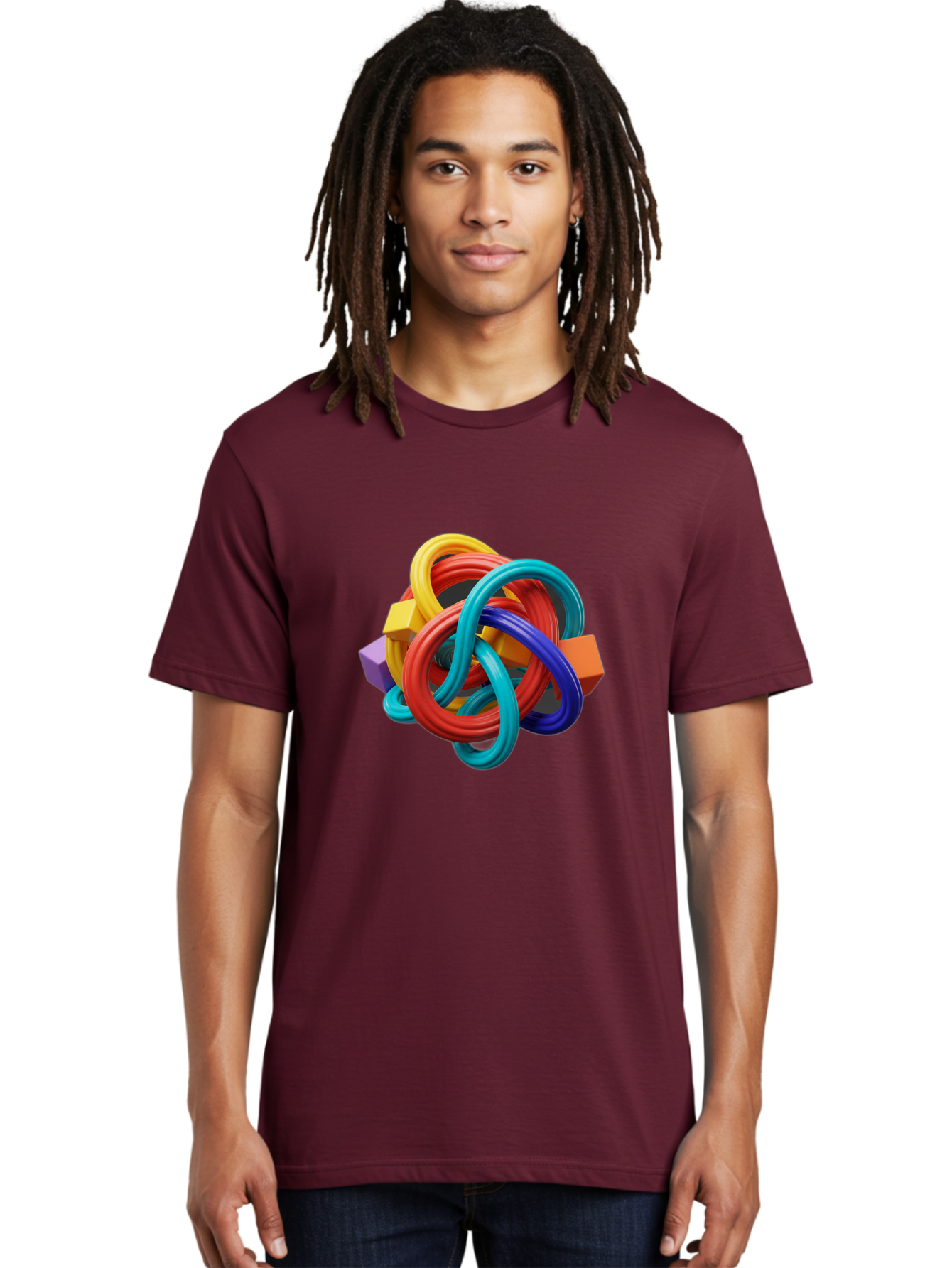 Colorful-Rings-And-Cubes Men'S Graphic Tee, 100% Cotton, Comfortable Casual Summer Wear, Machine Washable, Interconnected Rings, 3D Graphics, Colorful Shapes, Abstract Art, Vibrant Colors, Geometric Forms, Dynamic Composition, Modern Design, Baa393