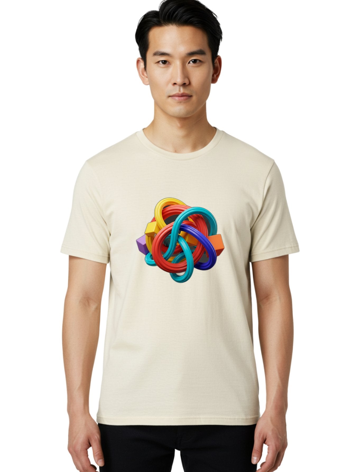 Colorful-Rings-And-Cubes Men'S Graphic Tee, 100% Cotton, Comfortable Casual Summer Wear, Machine Washable, Interconnected Rings, 3D Graphics, Colorful Shapes, Abstract Art, Vibrant Colors, Geometric Forms, Dynamic Composition, Modern Design, Baa393 26