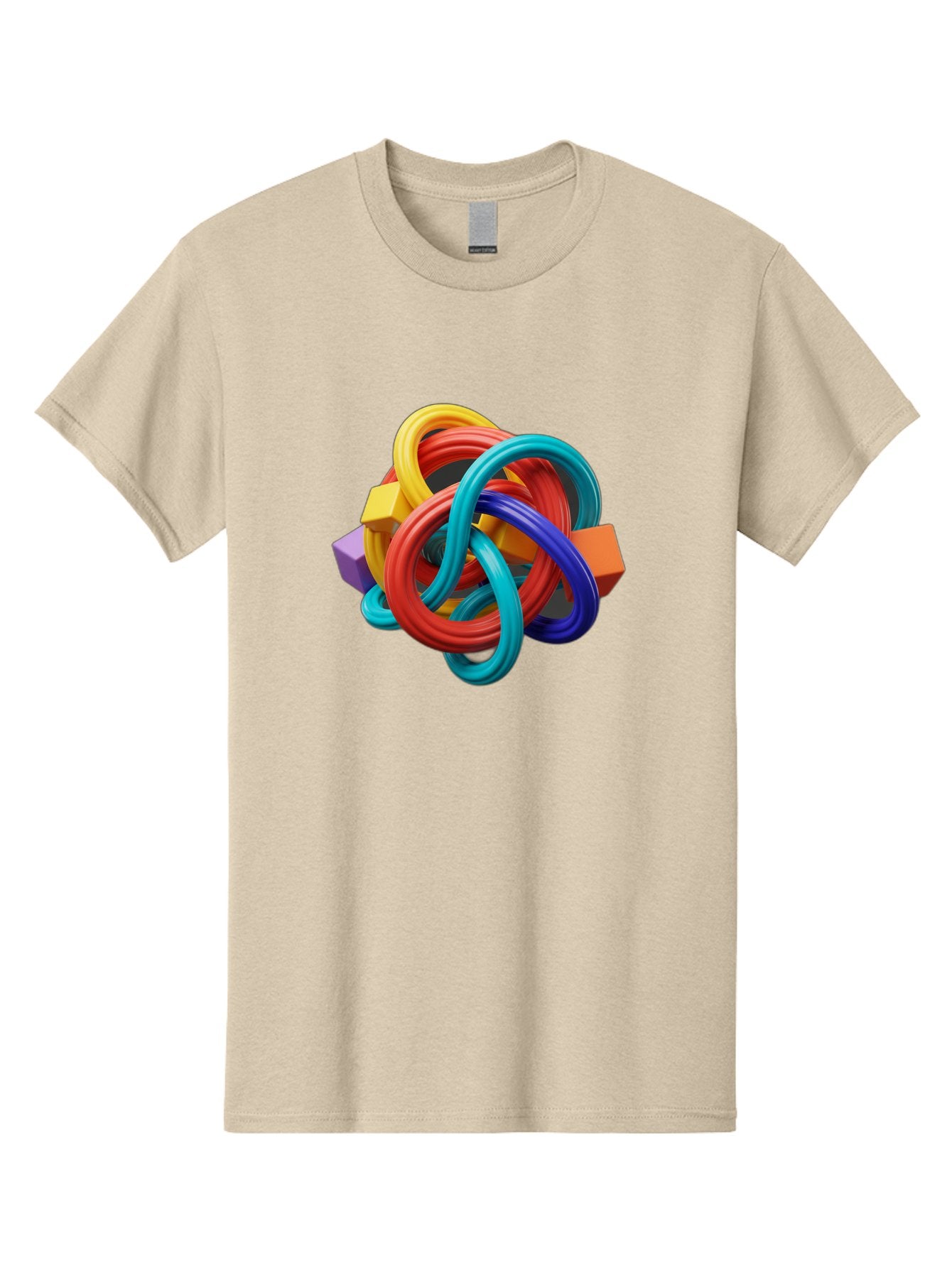 Colorful-Rings-And-Cubes Men'S Graphic Tee, 100% Cotton, Comfortable Casual Summer Wear, Machine Washable, Interconnected Rings, 3D Graphics, Colorful Shapes, Abstract Art, Vibrant Colors, Geometric Forms, Dynamic Composition, Modern Design, Baa393