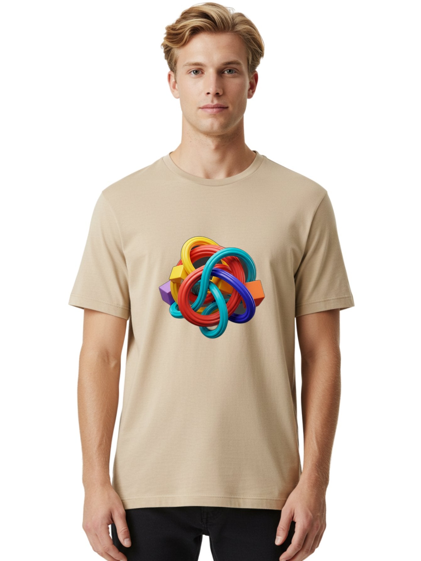 Colorful-Rings-And-Cubes Men'S Graphic Tee, 100% Cotton, Comfortable Casual Summer Wear, Machine Washable, Interconnected Rings, 3D Graphics, Colorful Shapes, Abstract Art, Vibrant Colors, Geometric Forms, Dynamic Composition, Modern Design, Baa393 19