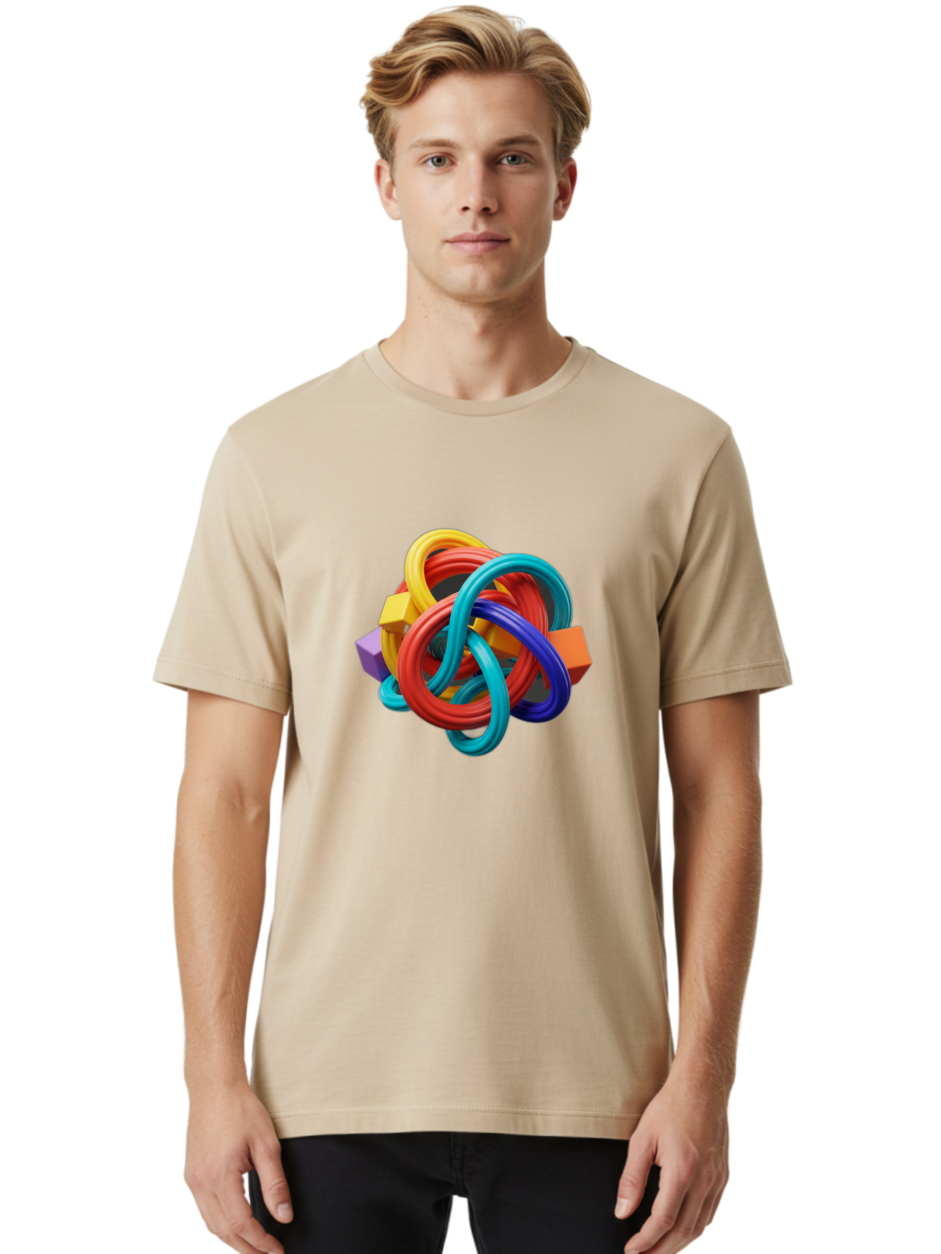 Colorful-Rings-And-Cubes Men'S Graphic Tee, 100% Cotton, Comfortable Casual Summer Wear, Machine Washable, Interconnected Rings, 3D Graphics, Colorful Shapes, Abstract Art, Vibrant Colors, Geometric Forms, Dynamic Composition, Modern Design, Baa393 22