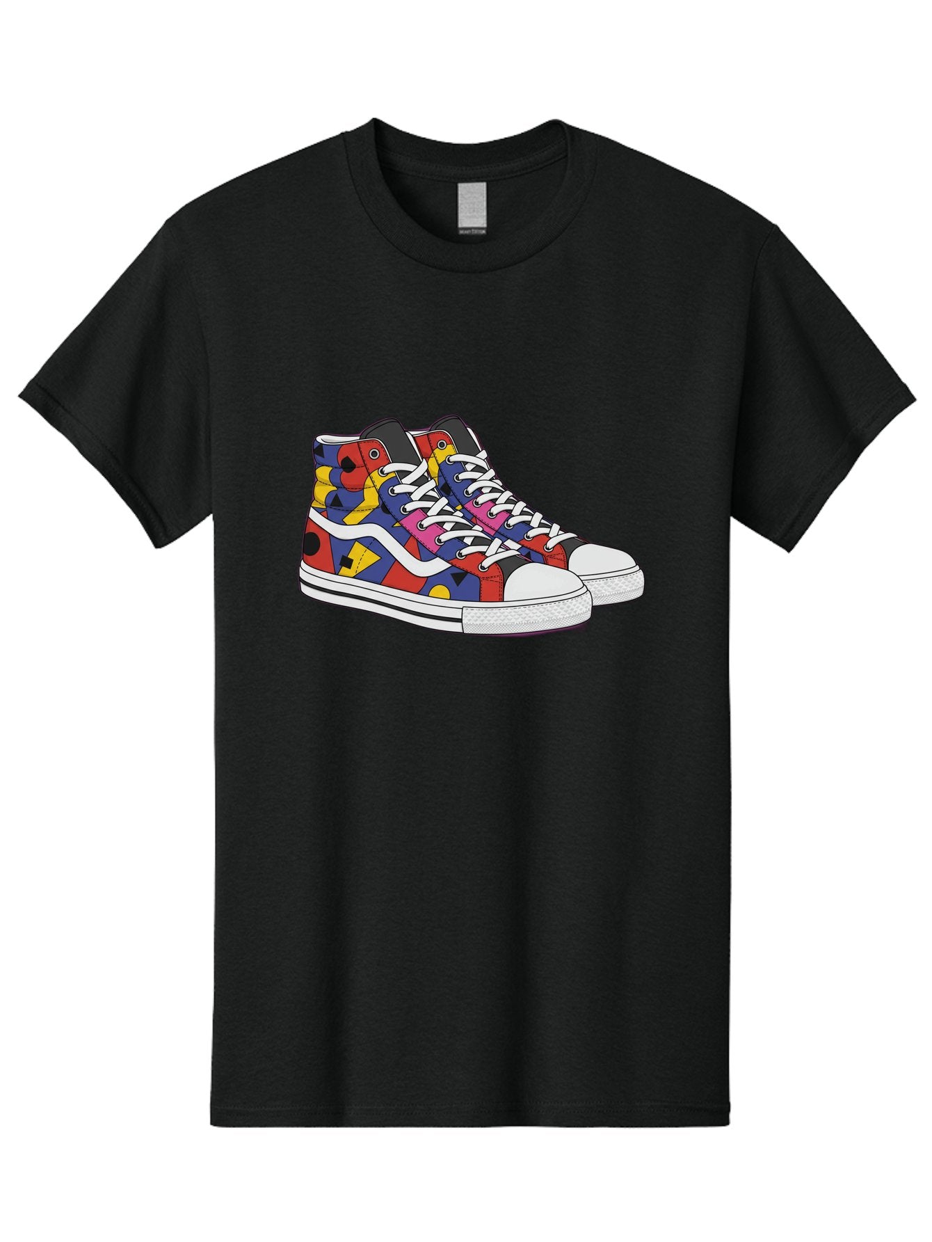 Colorful-Sneakers Men'S Graphic Tee, 100% Cotton, Comfortable Casual Summer Wear, Machine Washable, High-Top Sneakers, Colorful Sneakers, Abstract Shapes, Vibrant Colors, Bold Design, Streetwear Fashion, Trendy Footwear, White Laces, Baa394