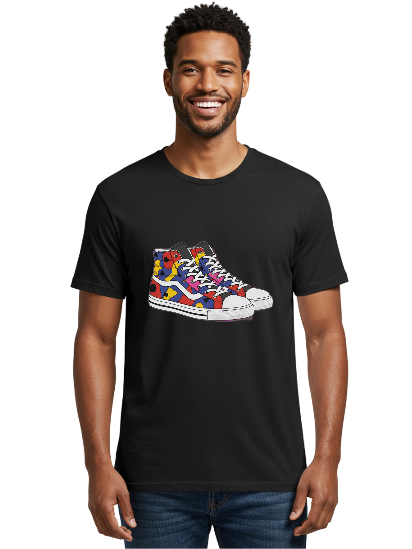 Colorful-Sneakers Men'S Graphic Tee, 100% Cotton, Comfortable Casual Summer Wear, Machine Washable, High-Top Sneakers, Colorful Sneakers, Abstract Shapes, Vibrant Colors, Bold Design, Streetwear Fashion, Trendy Footwear, White Laces, Baa394 22