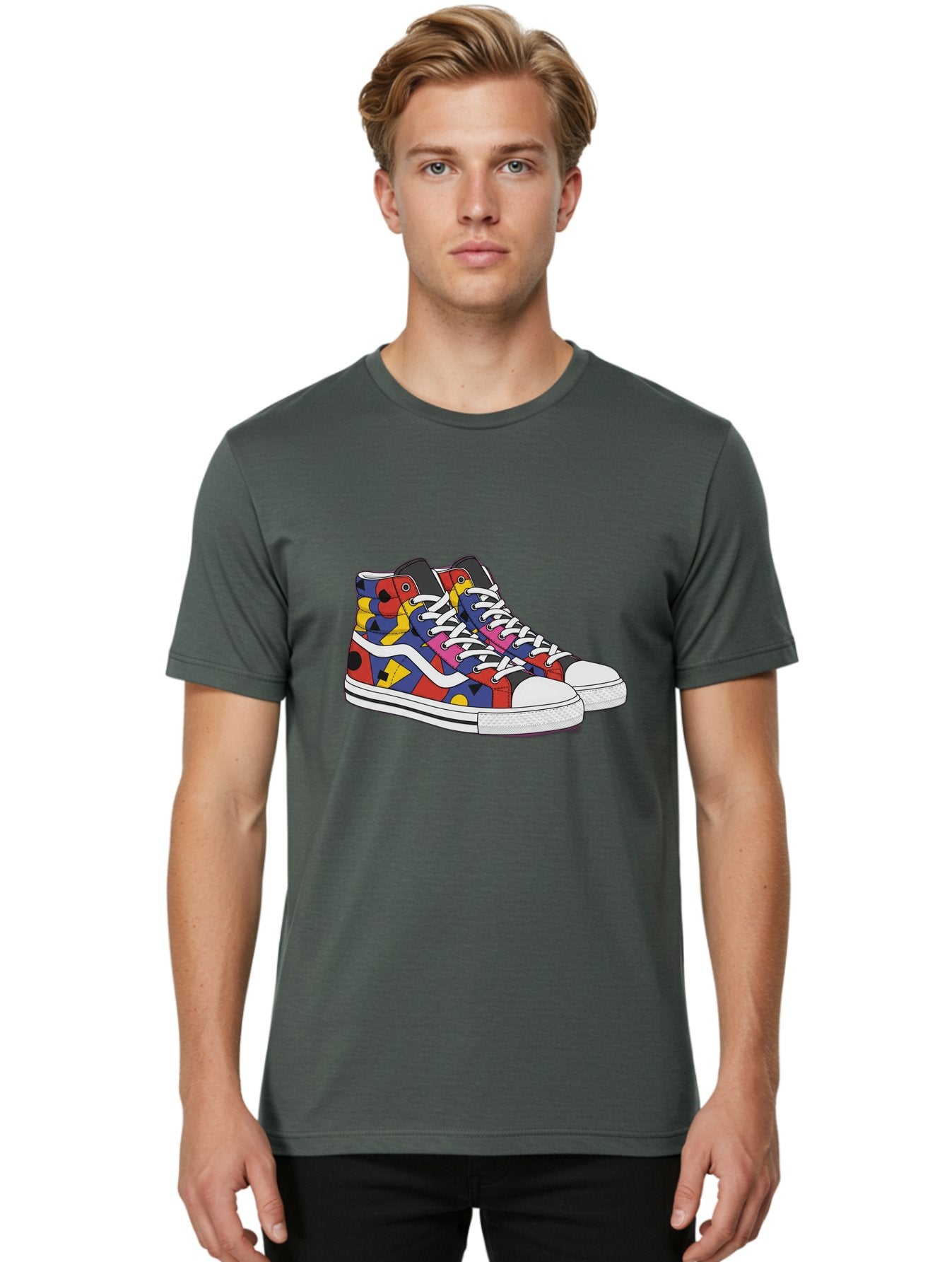 Colorful-Sneakers Men'S Graphic Tee, 100% Cotton, Comfortable Casual Summer Wear, Machine Washable, High-Top Sneakers, Colorful Sneakers, Abstract Shapes, Vibrant Colors, Bold Design, Streetwear Fashion, Trendy Footwear, White Laces, Baa394 28